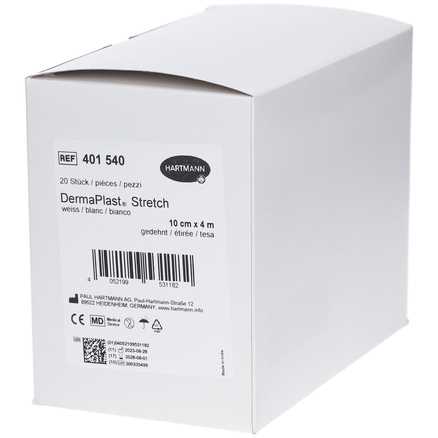 Weiße Verpackung mit Produktinformationen. Enthält HARTMANN Logo, Produktname, Größe 10 cm x 4 m, und Stückzahl.