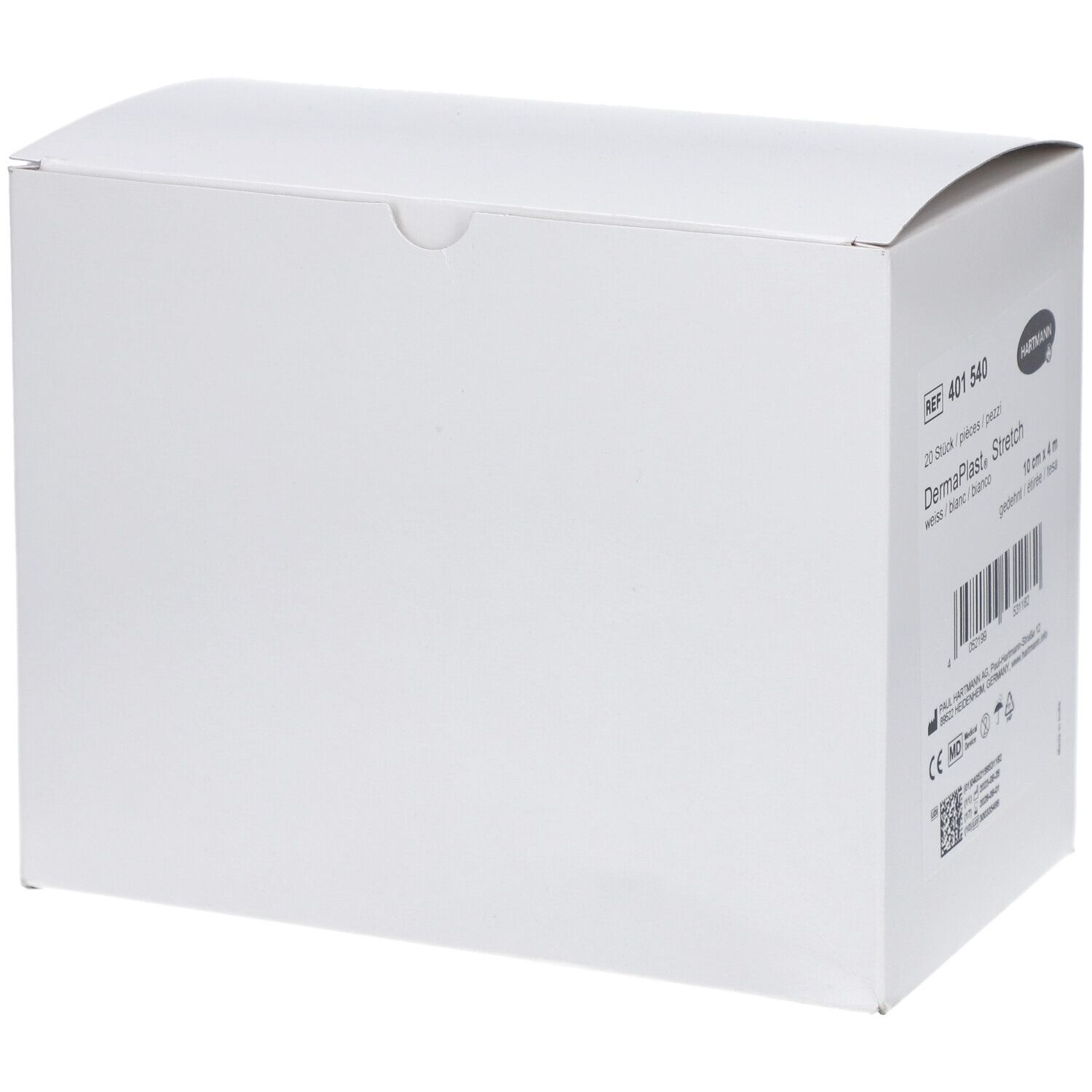 Weiße Produktverpackung mit abgerundetem Deckel. Enthält Produktinformationen und Barcode.