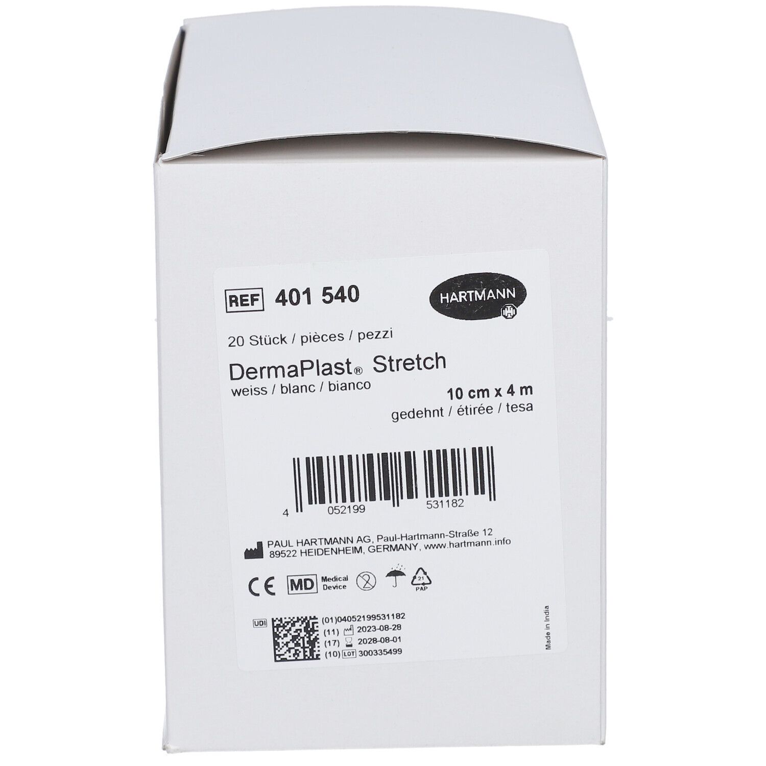 Weiße Verpackung mit Produktinformationen. Enthält HARTMANN Logo, Produktname, Größe 10 cm x 4 m, und Stückzahl.