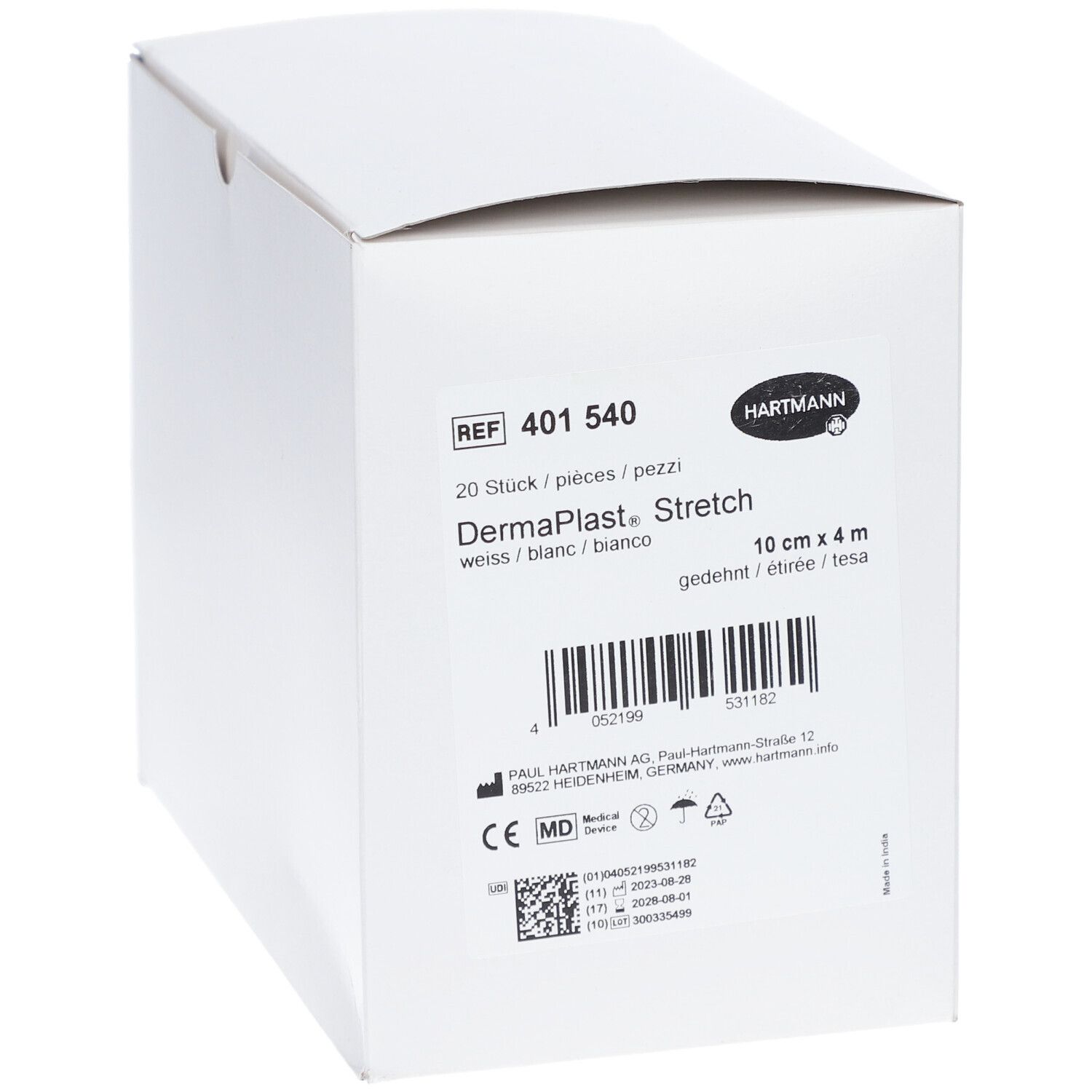 Weiße Verpackung mit Produktinformationen. Enthält HARTMANN Logo, Produktname, Größe 10 cm x 4 m, und Stückzahl.