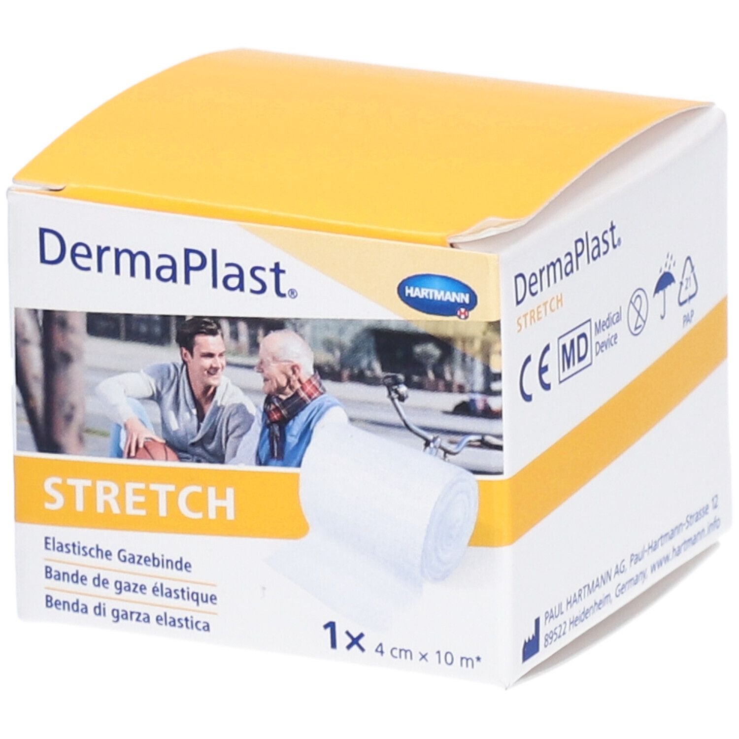 Verpackung von Dermaplast Stretch Gazebinde. Enthält eine Rolle, 4 cm x 10 m. Mit CE-Kennzeichnung und medizinischem Symbol.
