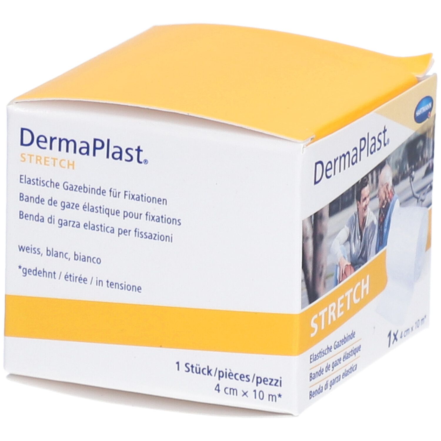 Verpackung von Dermaplast Stretch Gazebinde. Enthält eine Rolle, 4 cm x 10 m. Mit Text: Elastische Gazebinde für Fixationen.