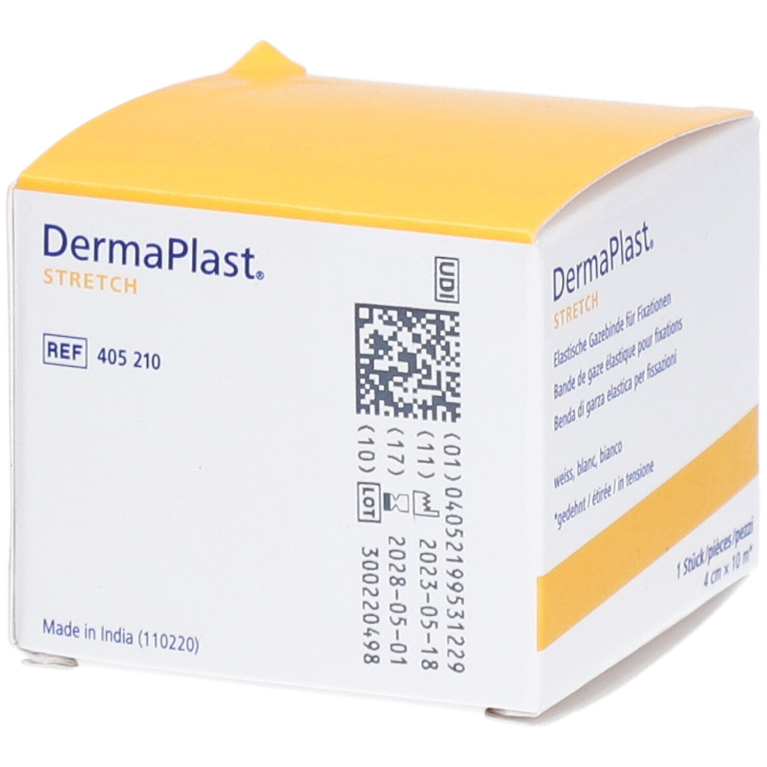 Verpackung von Dermaplast Stretch Gazebinde. Mit UDI-Code und Chargeninformationen. Größe: 4 cm x 10 m.
