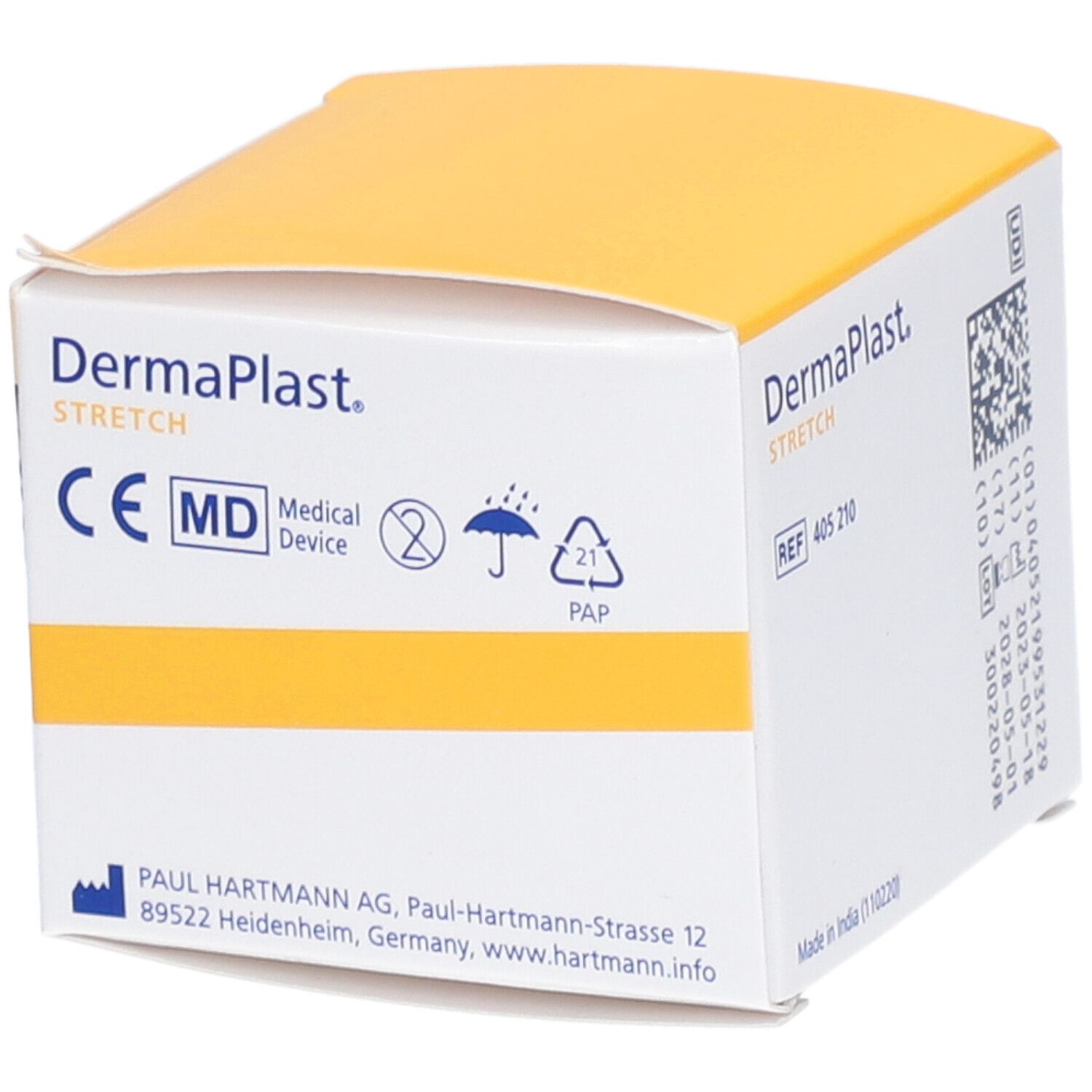 Verpackung von Dermaplast Stretch Gazebinde. Mit CE-Kennzeichnung und medizinischem Symbol. Größe: 4 cm x 10 m.
