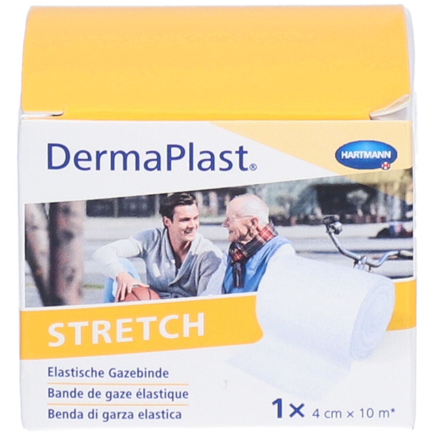 Verpackung von Dermaplast Stretch Gazebinde. Enthält eine Rolle, 4 cm x 10 m. Mit Abbildung von Personen.