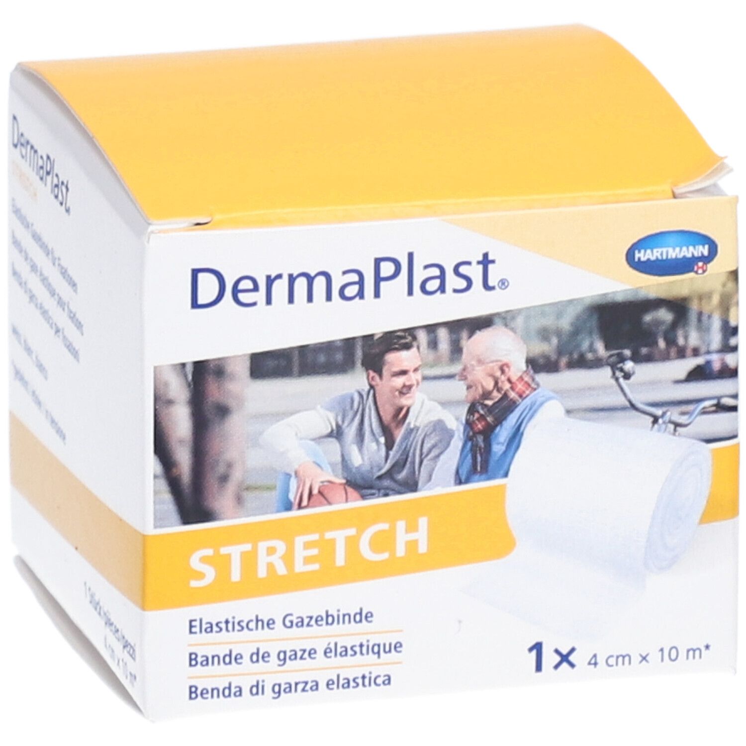 Verpackung von Dermaplast Stretch Gazebinde. Enthält eine Rolle, 4 cm x 10 m. Mit Abbildung von Personen und Logo.