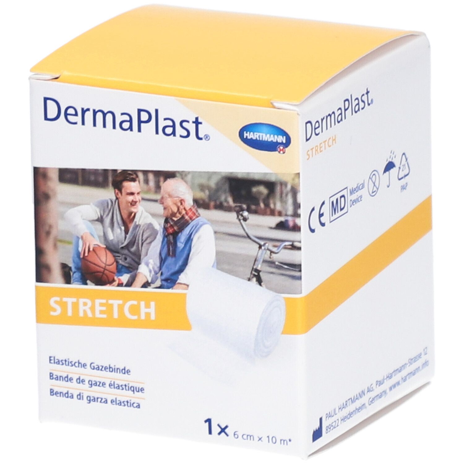Emballage de gaze élastique Dermaplast® Stretch. Contient un rouleau. Inscriptions : marque, nom du produit, taille, pictogrammes.