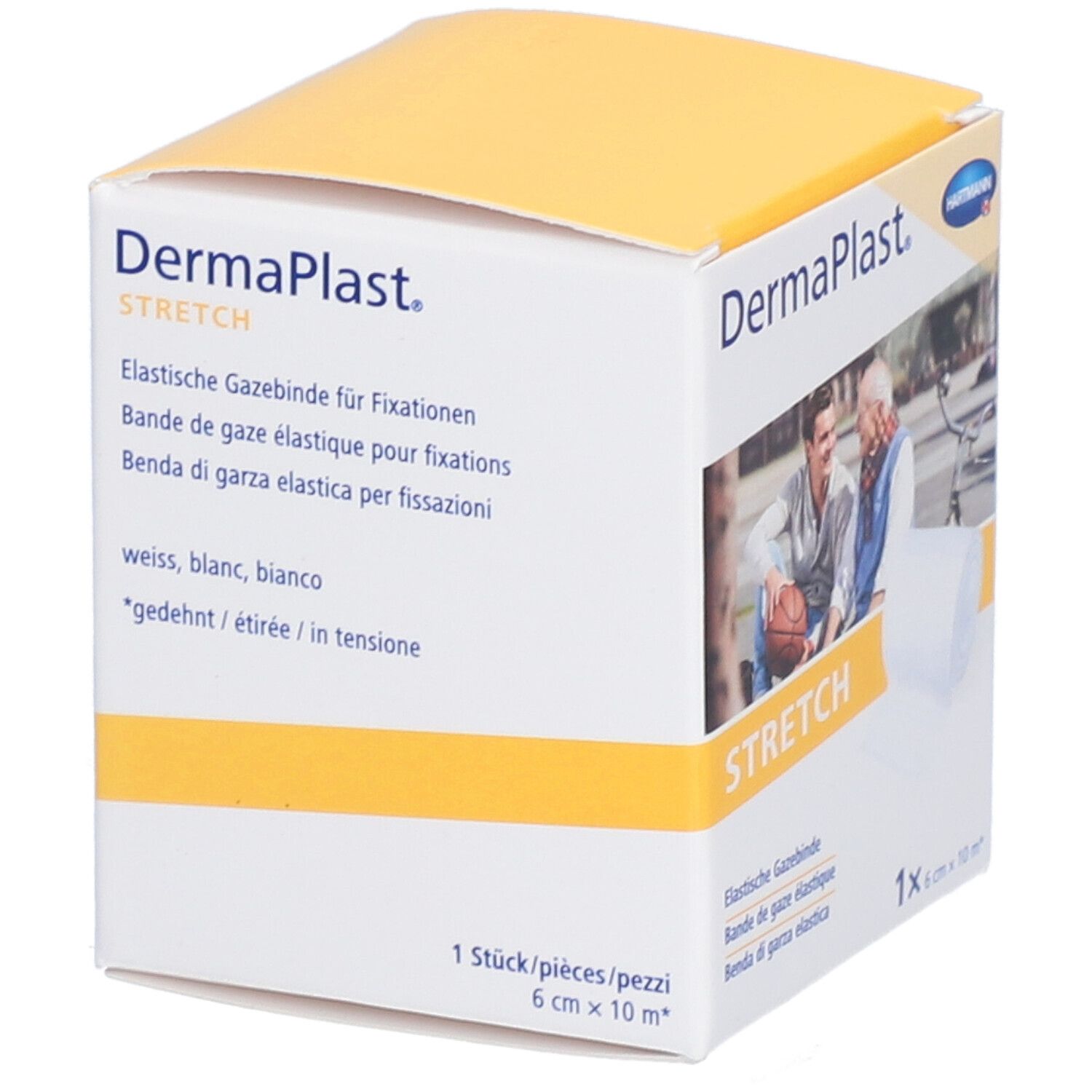 Emballage de gaze élastique Dermaplast® Stretch. Nom du produit, description, taille, blanc. Inscriptions : marque, nom du produit, taille.