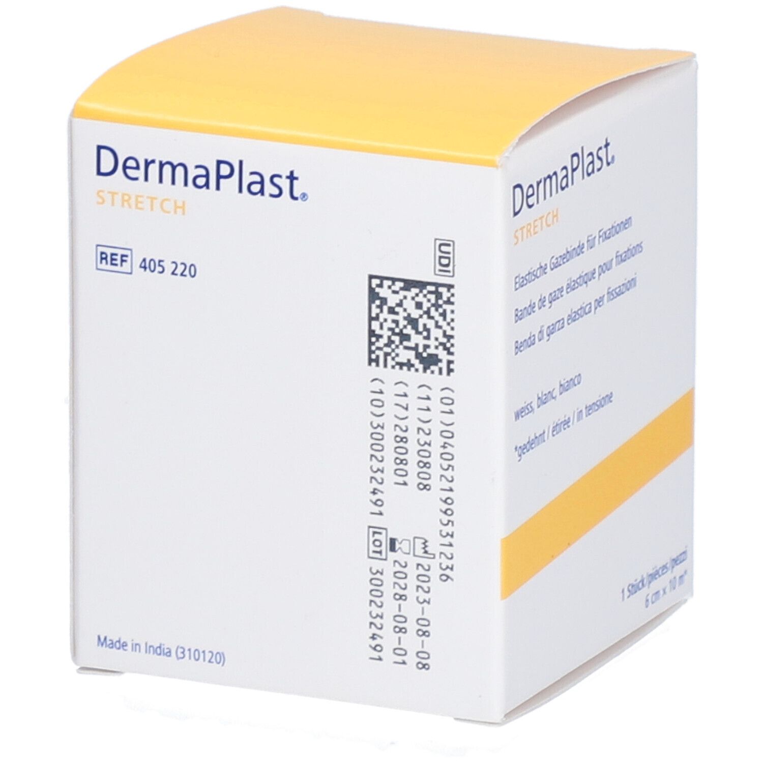 Emballage de gaze élastique Dermaplast® Stretch. Dos avec informations produit, numéro de lot, code UDI, date de péremption. Inscriptions : marque, nom du produit.