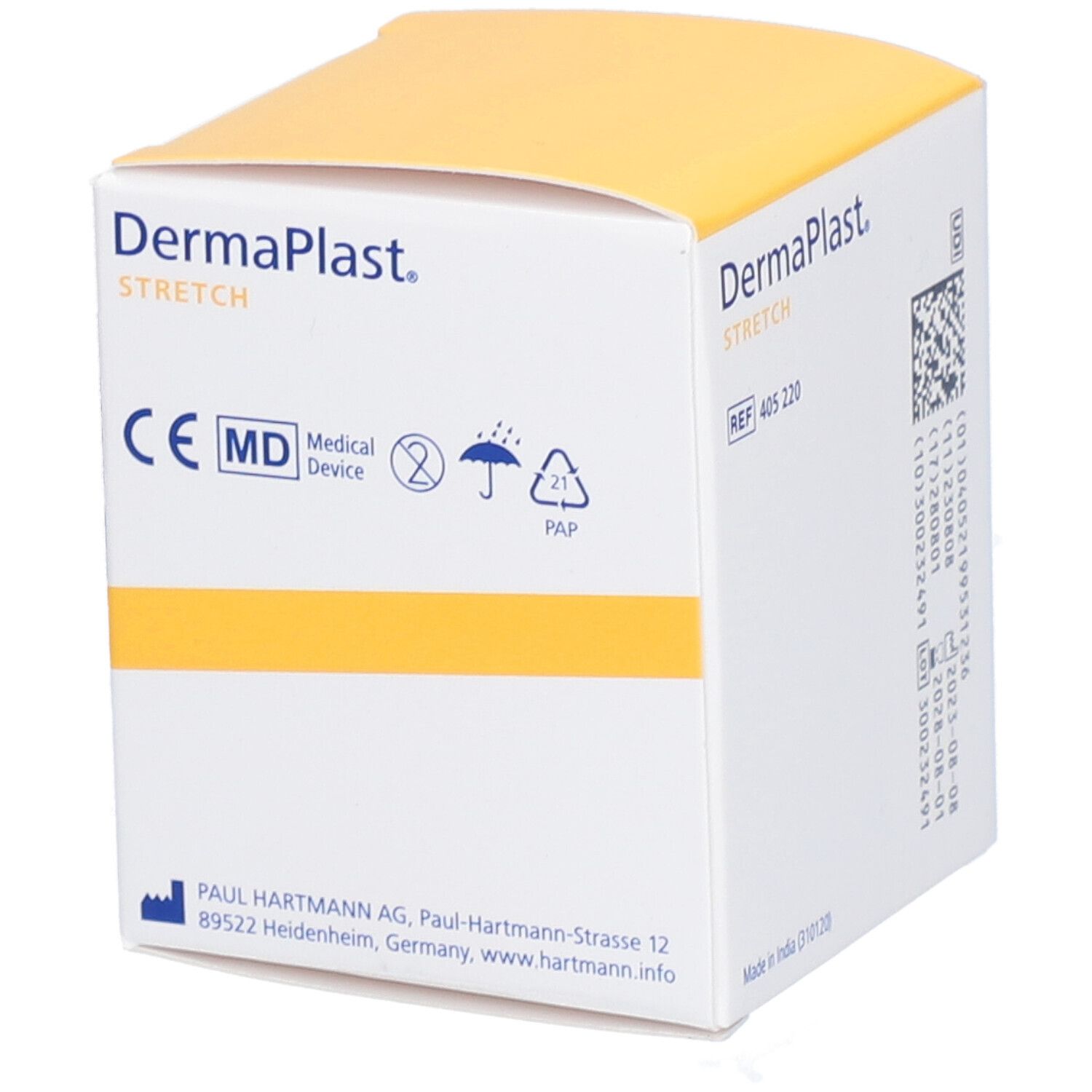 Emballage de gaze élastique Dermaplast® Stretch. Dispositif médical, marquage CE, pictogrammes. Inscriptions : marque, nom du produit, adresse du fabricant.