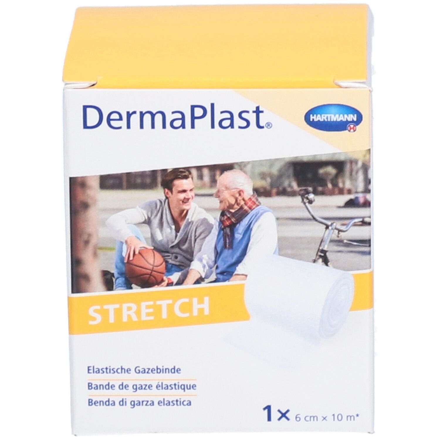 Emballage de gaze élastique Dermaplast® Stretch. Contient un rouleau. Inscriptions : marque, nom du produit, taille, pictogrammes.