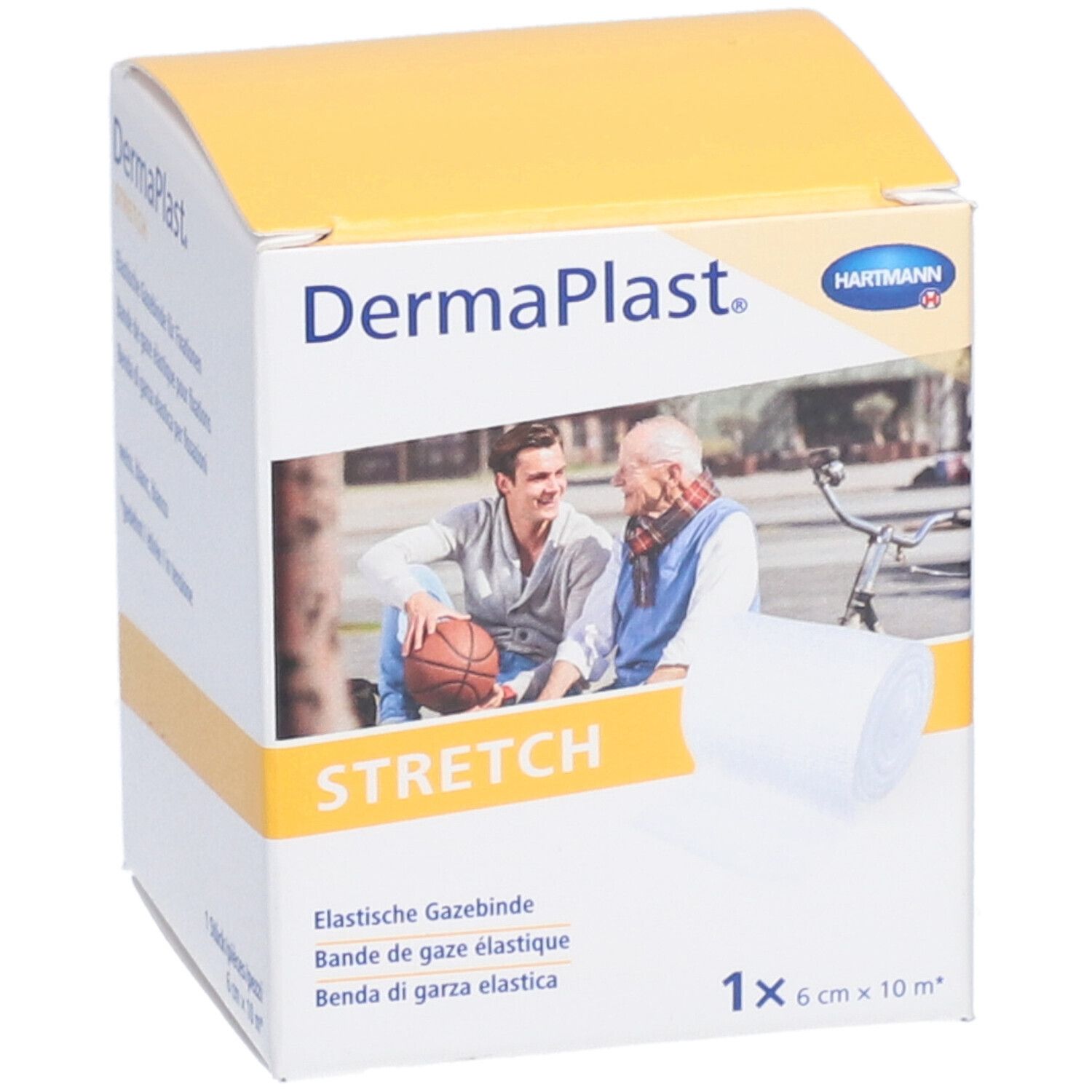Emballage de gaze élastique Dermaplast® Stretch. Contient un rouleau. Inscriptions : marque, nom du produit, taille, pictogrammes.