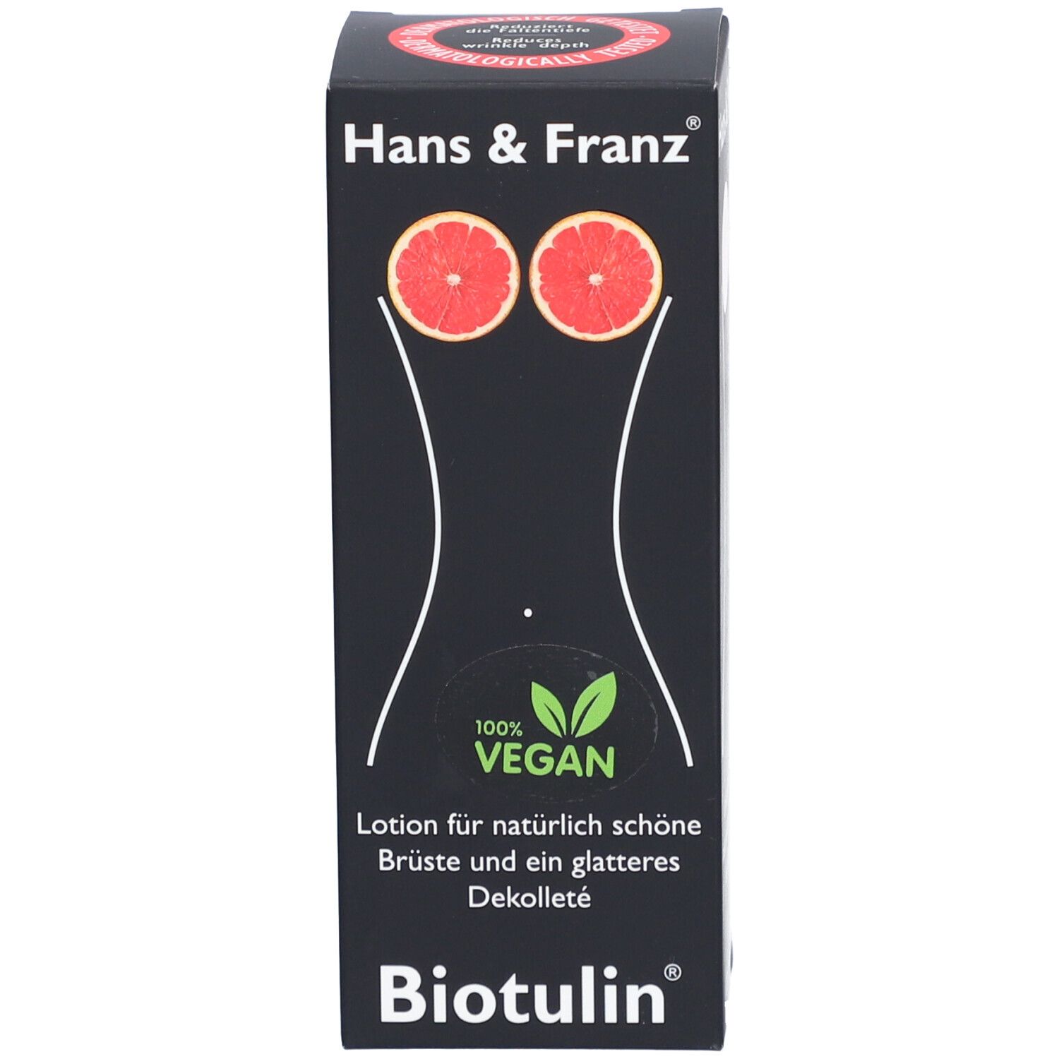 Schwarze Schachtel. Aufschrift: Hans & Franz, zwei rote Kreise, Umriss einer Frau, Biotulin. Vegan-Siegel.