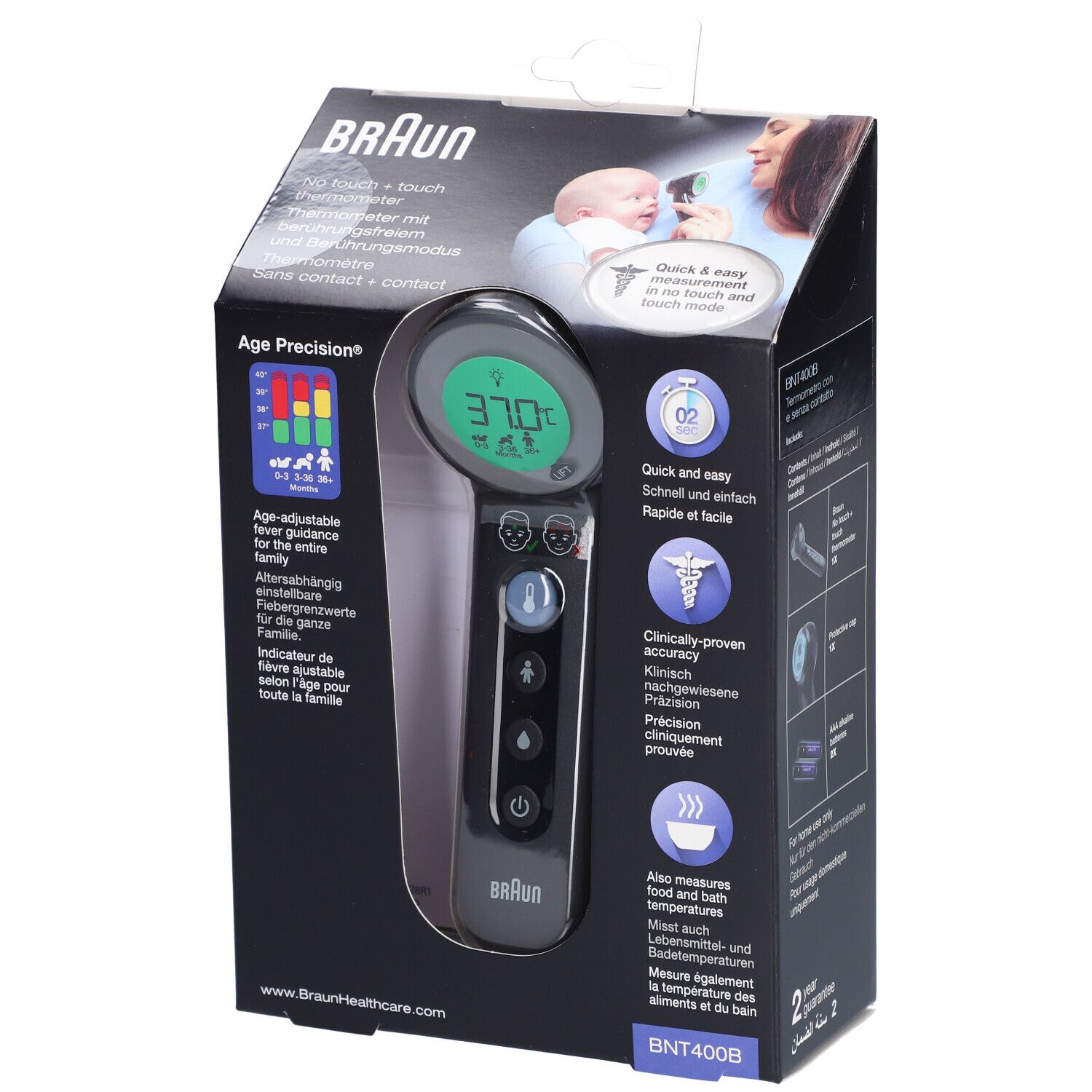Schwarzes Stirnthermometer in Verpackung. Digitalanzeige mit Temperatur. Age Precision®-Anzeige. Braun-Logo. BNT400BWE.