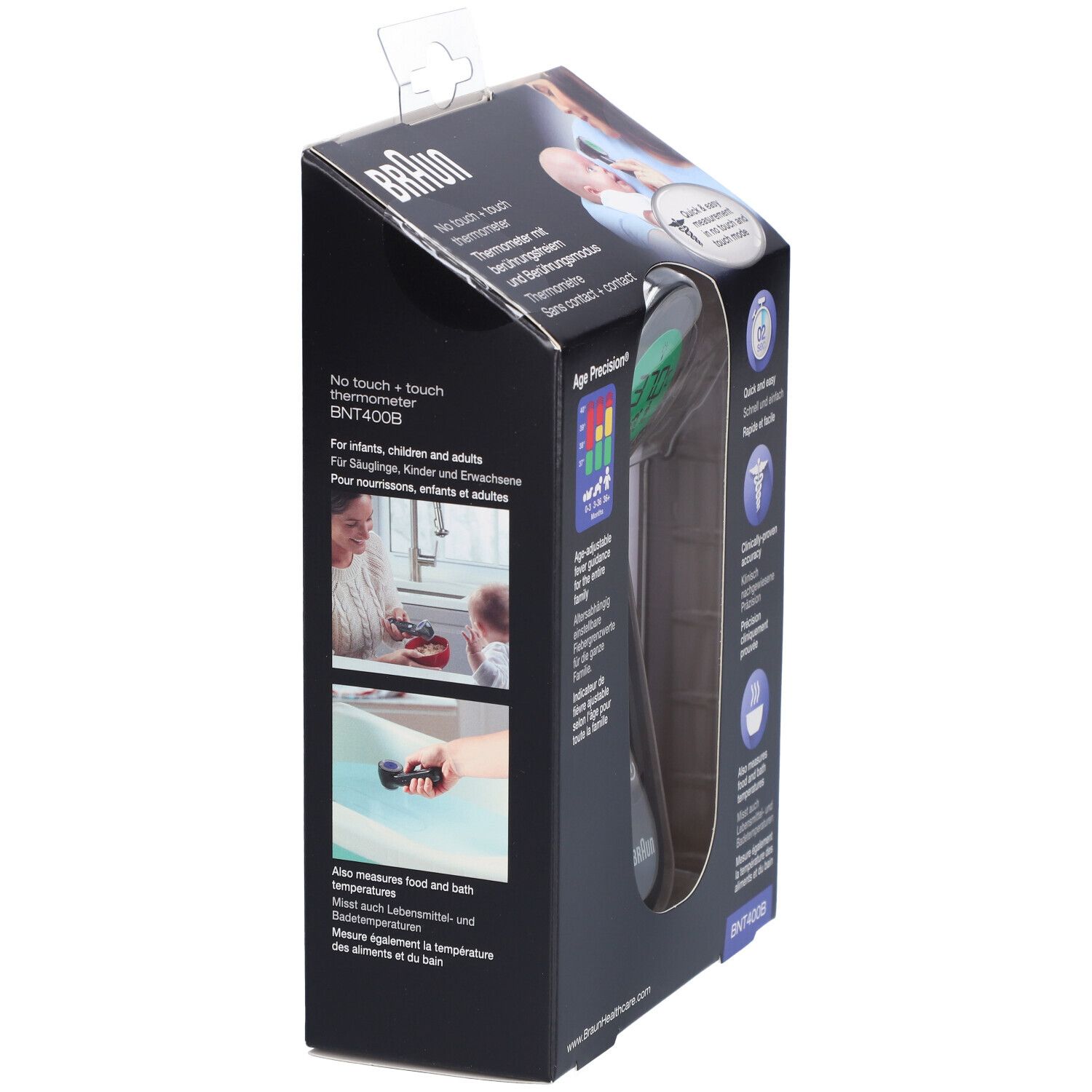 Verpackung des Stirnthermometers. Seitenansicht. Thermometer-Abbildung. Age Precision®-Anzeige. Text: BNT400B, Braun, No touch + touch.