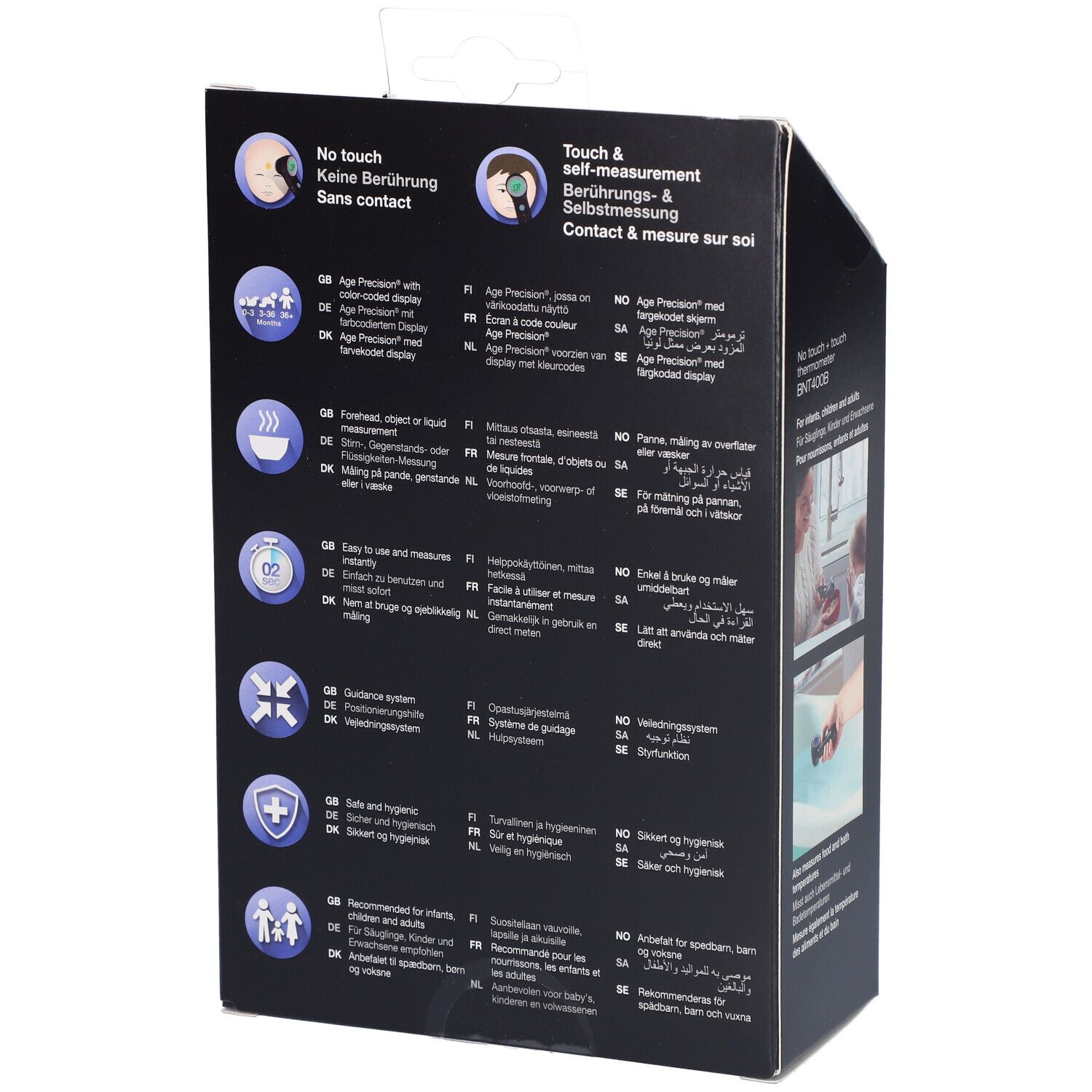 Rückseite der Thermometer-Verpackung. Text: No touch + touch, Age Precision®, Klinisch erwiesen, etc. Logos und Piktogramme.