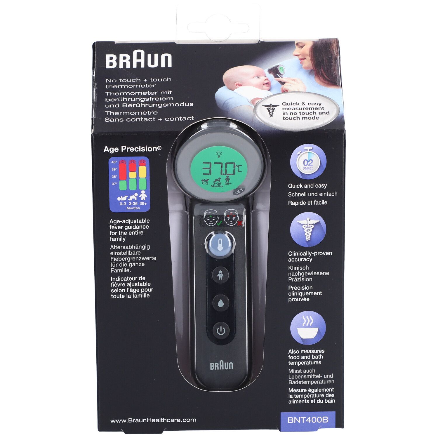 Stirnthermometer in Verpackung. Digitalanzeige mit Temperatur. Age Precision®-Anzeige. Braun-Logo. BNT400BWE. Text: Schnell & einfach.