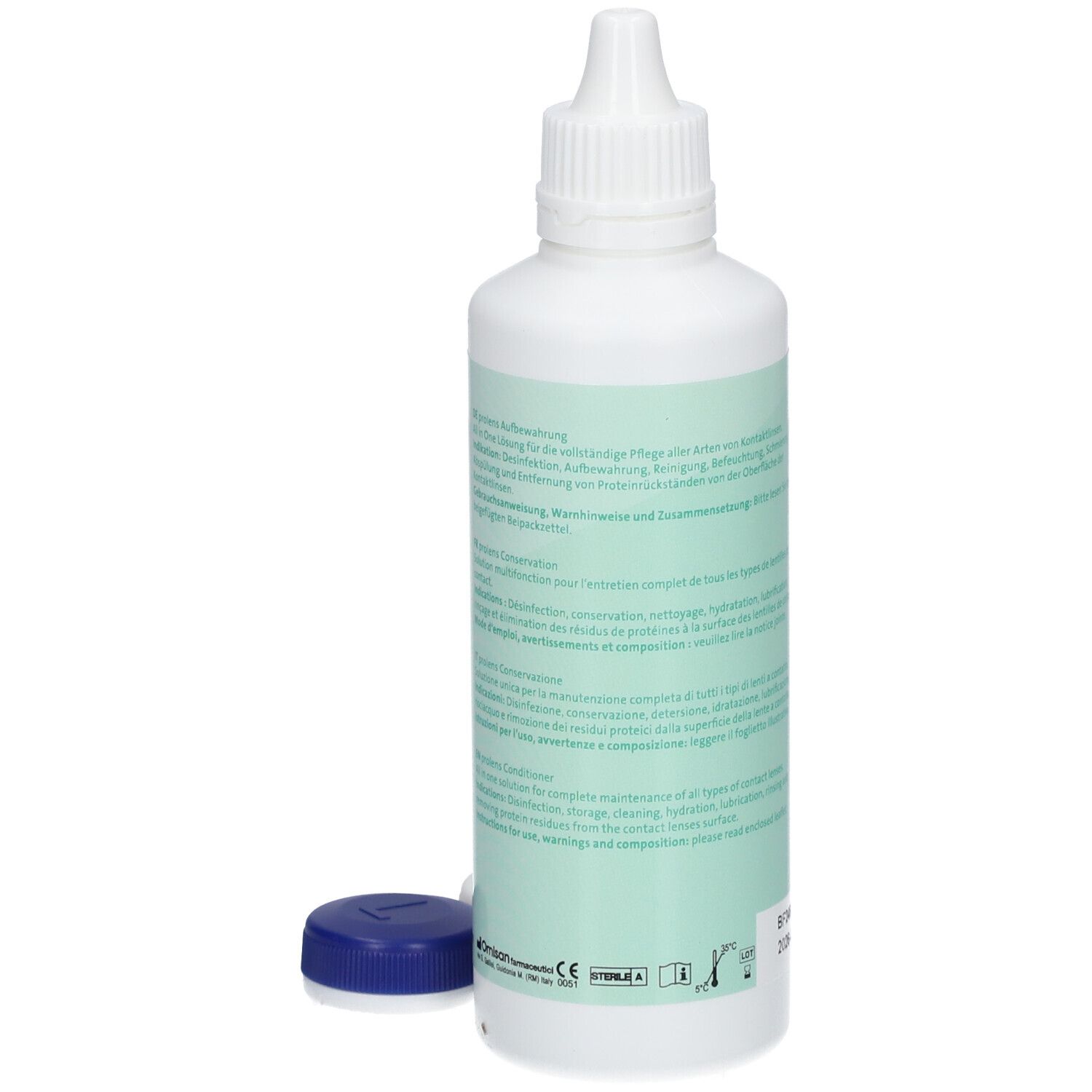 Rückseite der weißen Flasche "prolens". Text in mehreren Sprachen. Blaue und weiße Deckel daneben.