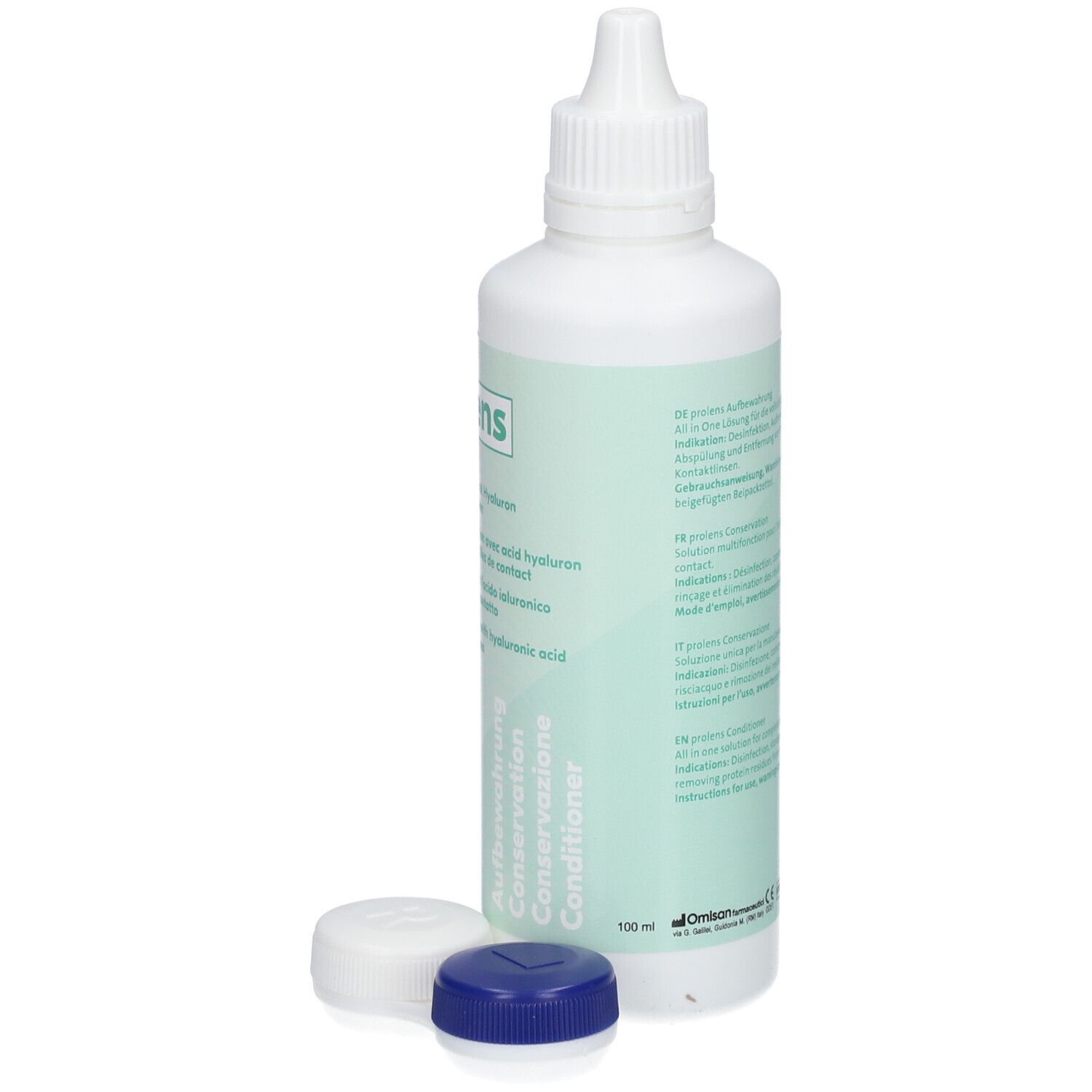 Weiße Flasche "prolens" mit blauen und weißen Deckeln. Aufschrift: Aufbewahrung, Conditioner.
