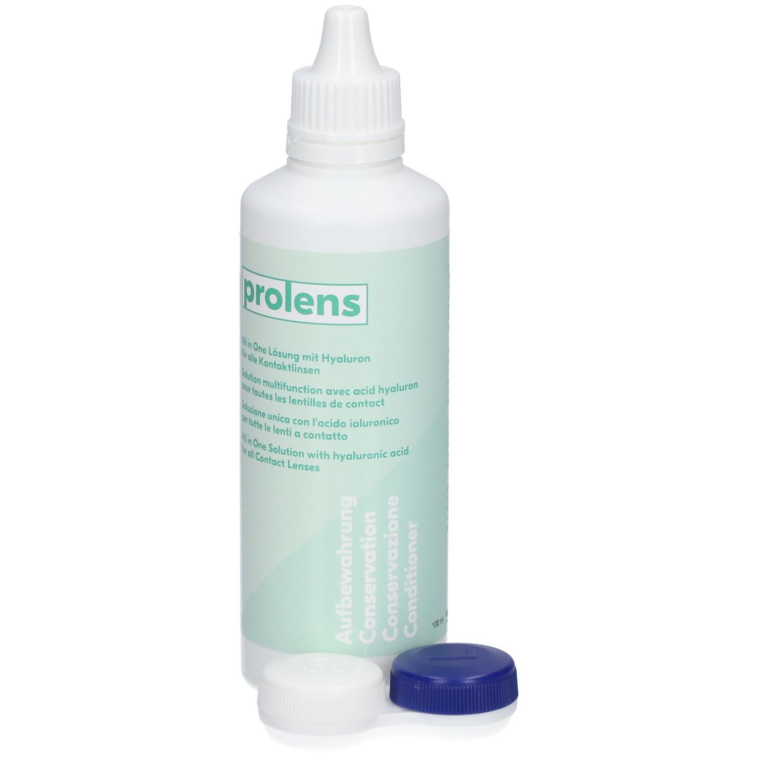 Weiße Flasche "prolens" mit blauen und weißen Deckeln. Aufschrift: All in One Lösung.
