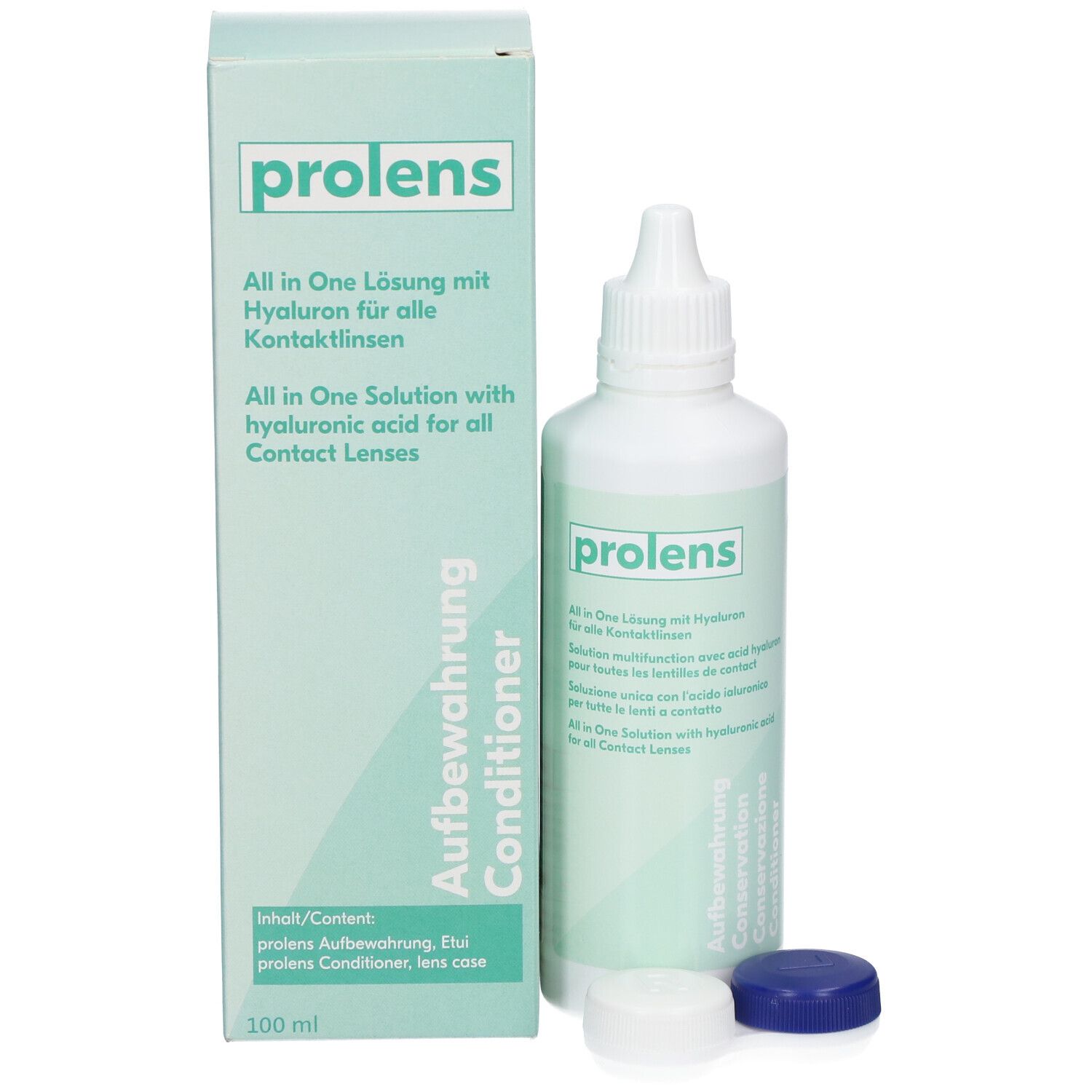 Produktverpackung mit Flasche, Deckeln und Schachtel. Aufschrift: "prolens" und "Aufbewahrung Conditioner".