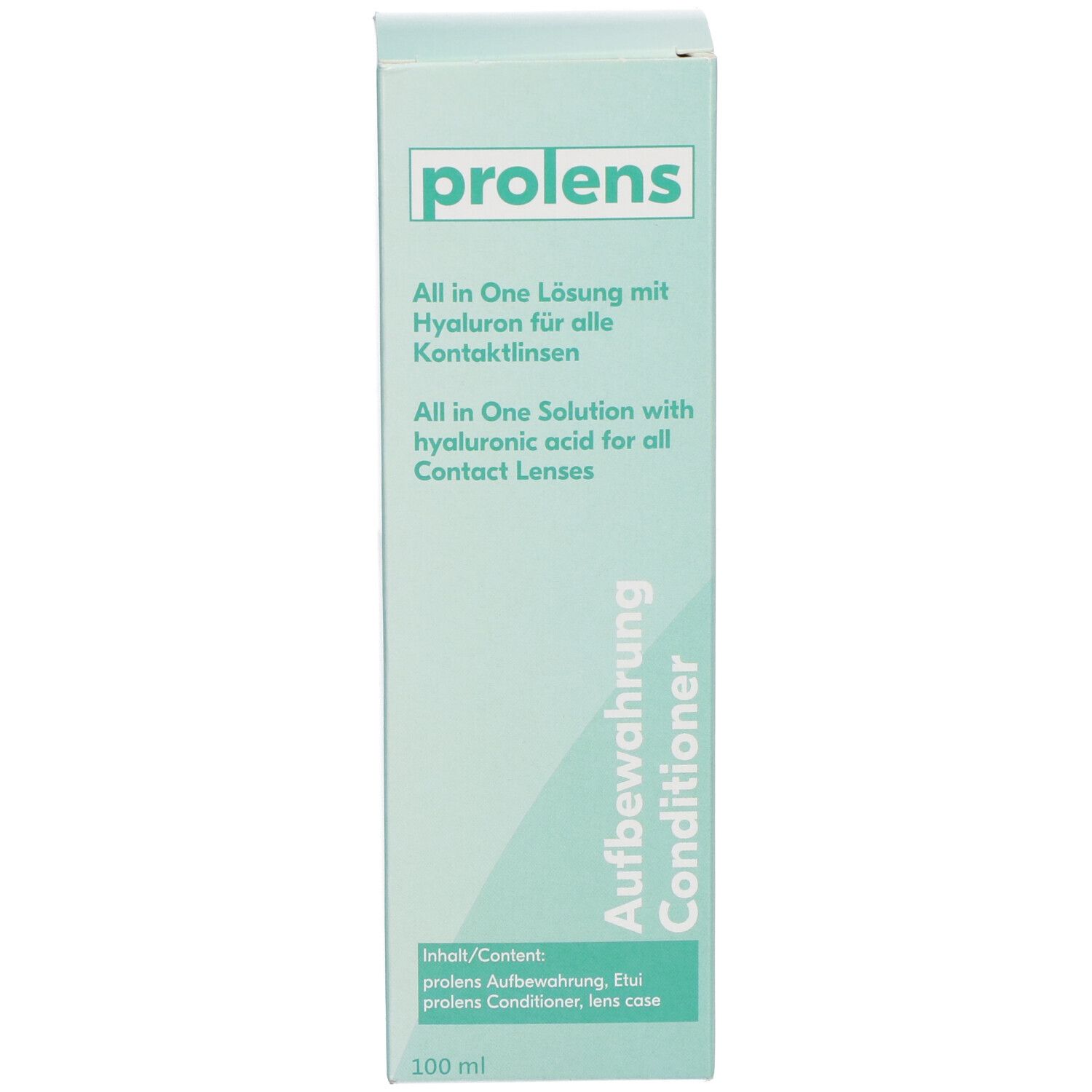 Produktverpackung, Schachtel mit "prolens" und "Aufbewahrung Conditioner" Aufschrift.