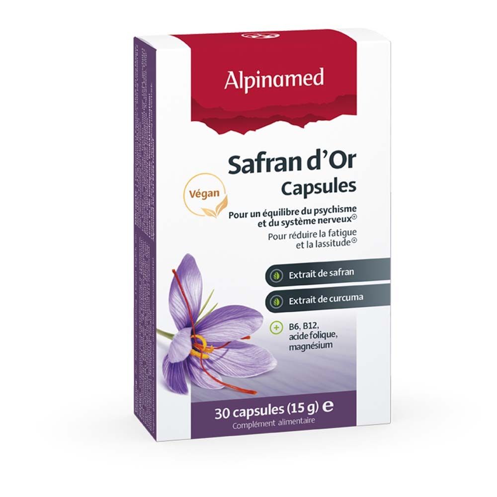 Boîte de capsules Alpinamed Safran d'Or. Contient 30 capsules. Vegan. Avec extraits de safran et de curcuma.