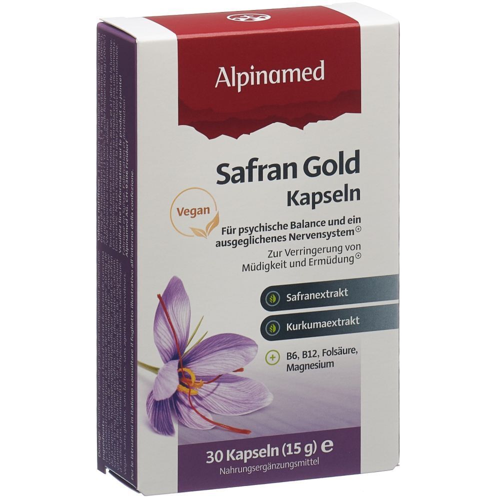 Alpinamed Safran Gold Kapseln-Packung. Enthält 30 Kapseln. Vegan. Mit Safran- und Kurkumaextrakt.