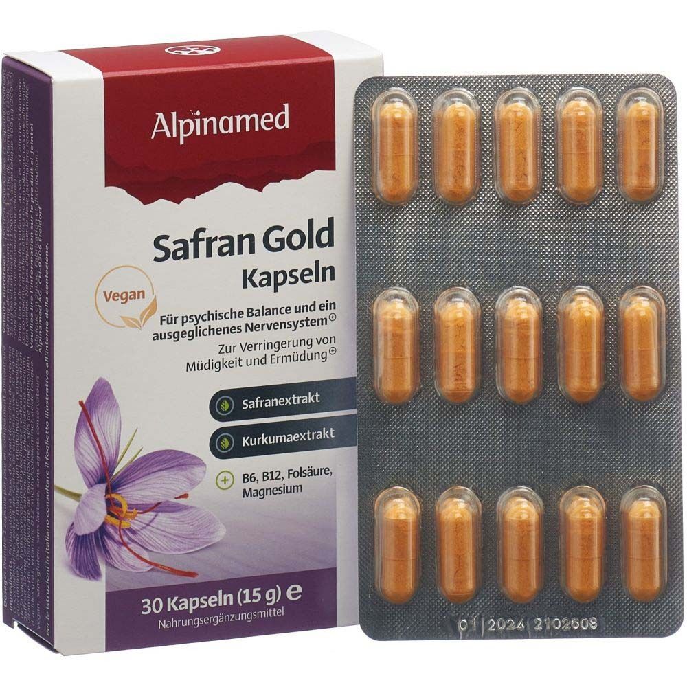 Alpinamed Safran Gold Kapseln-Packung und Blister. 15 Kapseln sichtbar. Vegan. Mit Safran- und Kurkumaextrakt.