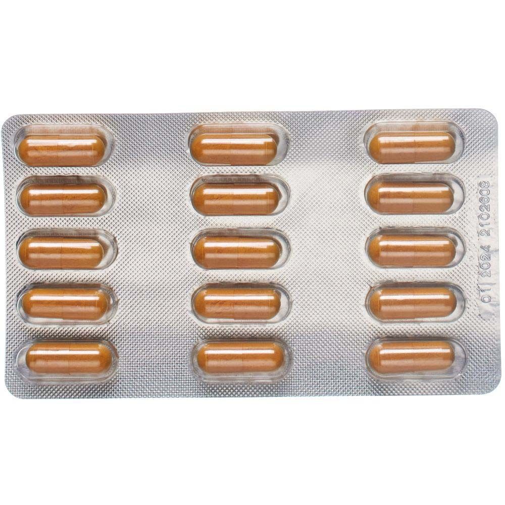Blister mit 15 gelben Kapseln. Aufgedrucktes Haltbarkeitsdatum. Kapseln enthalten Safran- und Kurkumaextrakt.
