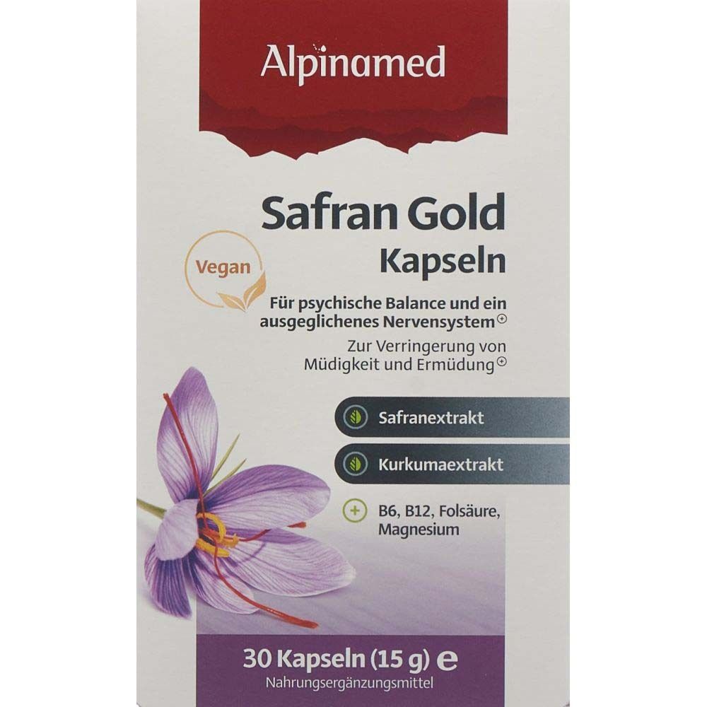 Alpinamed Safran Gold Kapseln-Packung. Enthält 30 Kapseln. Vegan. Mit Safran- und Kurkumaextrakt.