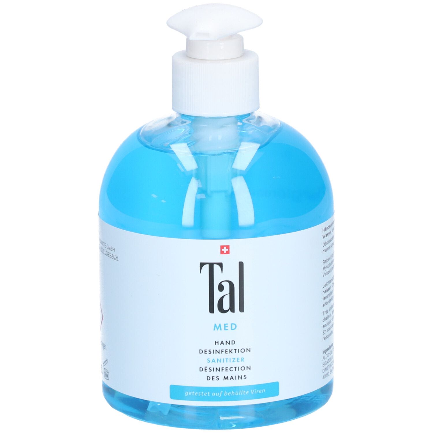 Liquide bleu dans un flacon pompe blanc. Inscription : Tal Med Hand Desinfektion Sanitizer. Croix suisse.