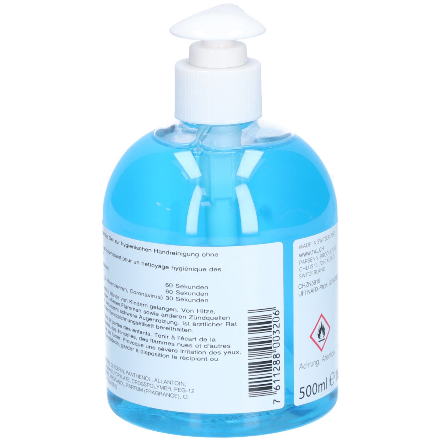 Dos d'un flacon pompe blanc avec liquide bleu. Informations textuelles et avertissements.