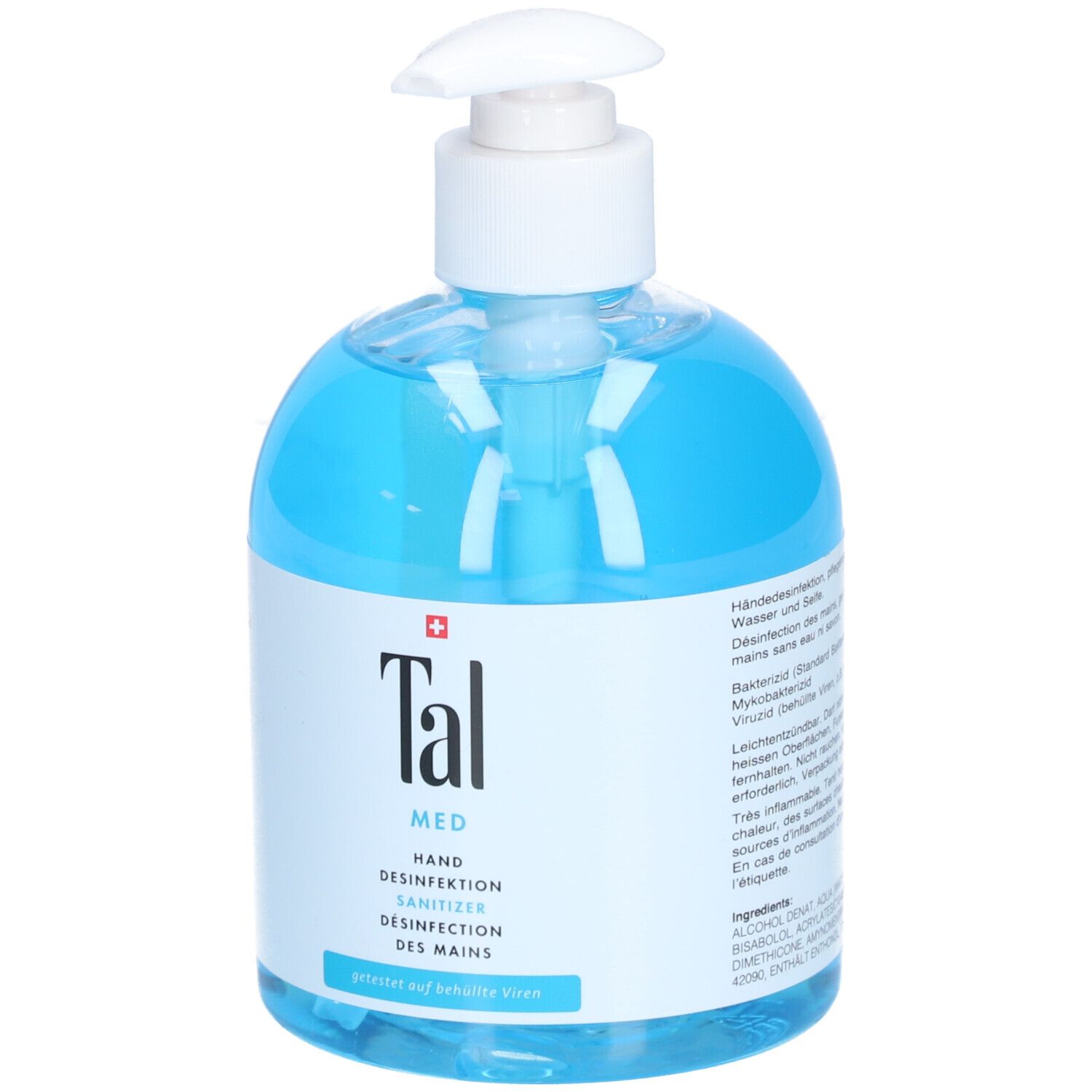 Liquide bleu dans un flacon pompe blanc. Inscription : Tal Med Hand Desinfektion Sanitizer. Croix suisse.