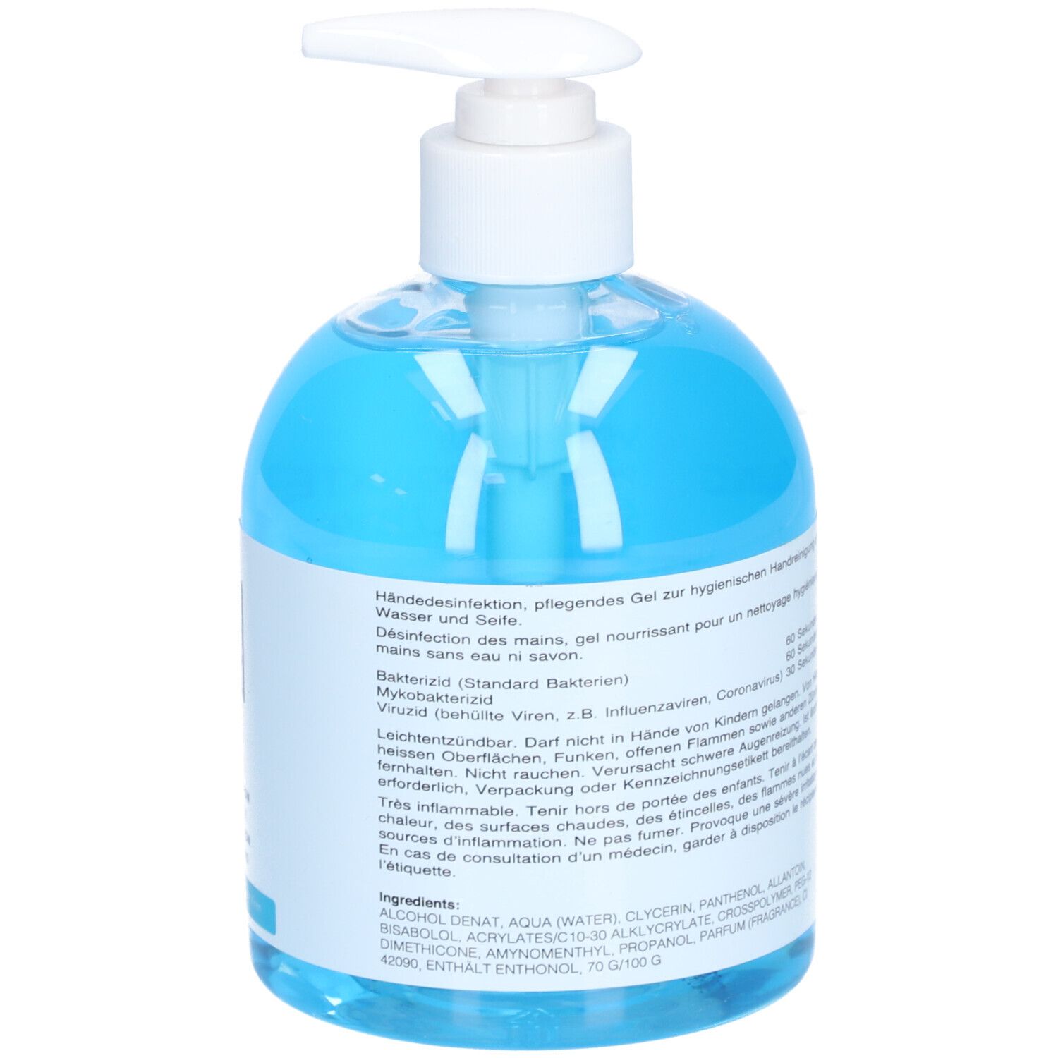 Dos d'un flacon pompe blanc avec liquide bleu. Informations textuelles et ingrédients.