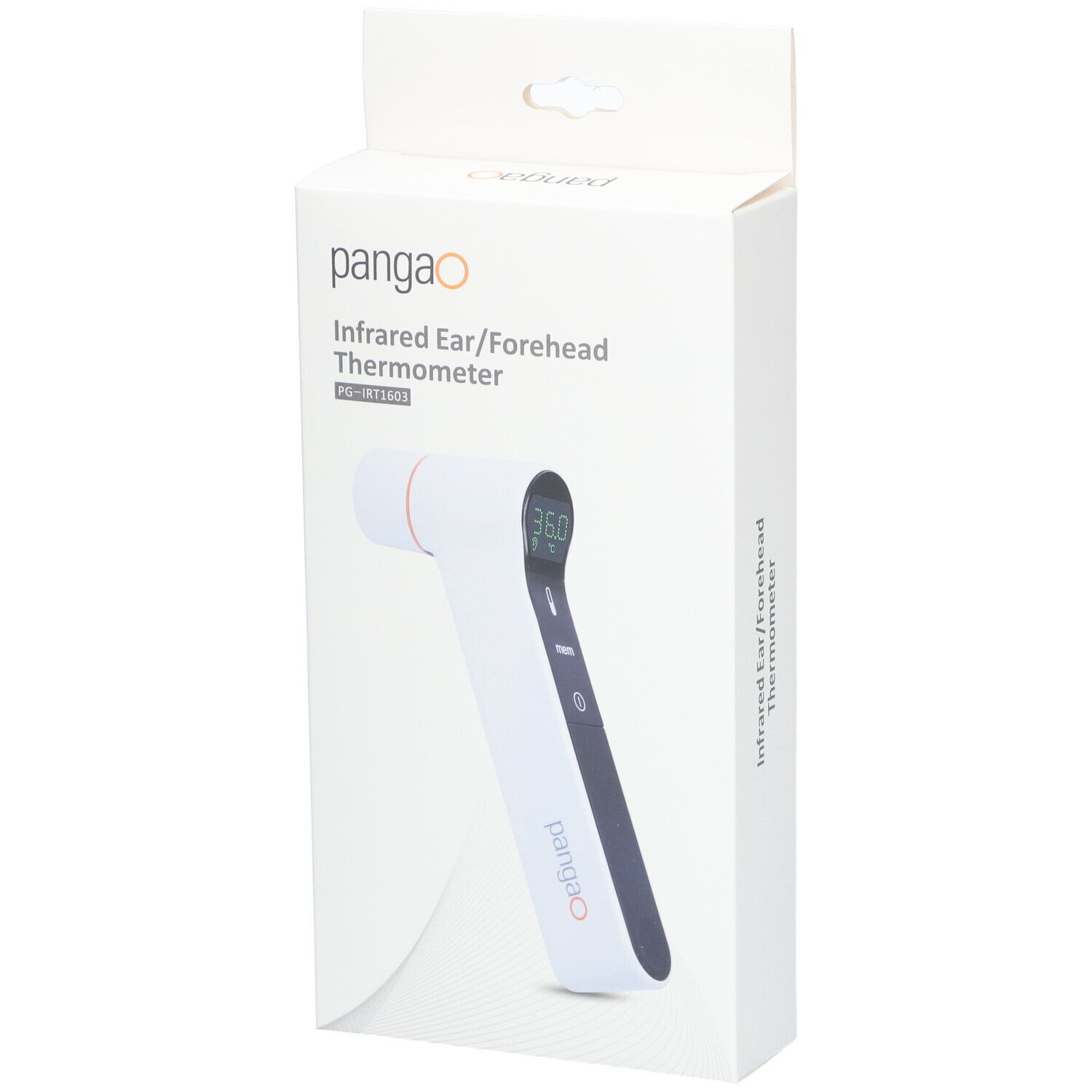 Infrarot-Ohr-/Stirnthermometer in weißer Verpackung. Marke: Pangao. Digitalanzeige, weißes Gehäuse, schwarzer Streifen.