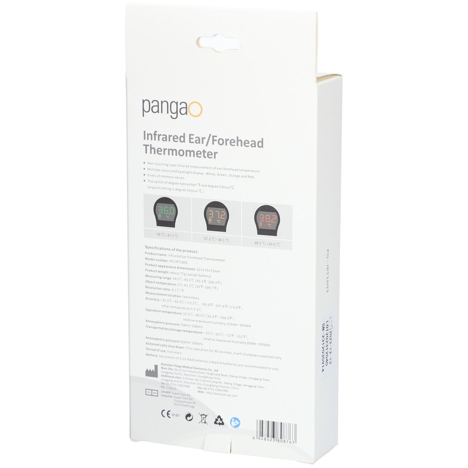Rückseite der Verpackung. Marke: Pangao. Text: Infrarot Ohr-/Stirnthermometer. Abbildungen der Temperaturanzeige.