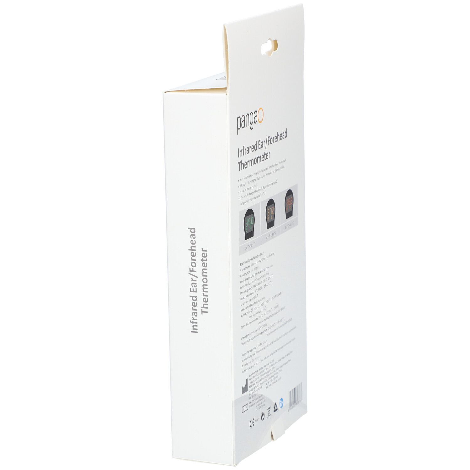 Seitenansicht der Verpackung. Marke: Pangao. Text: Infrarot Ohr-/Stirnthermometer. CE-Kennzeichnung.