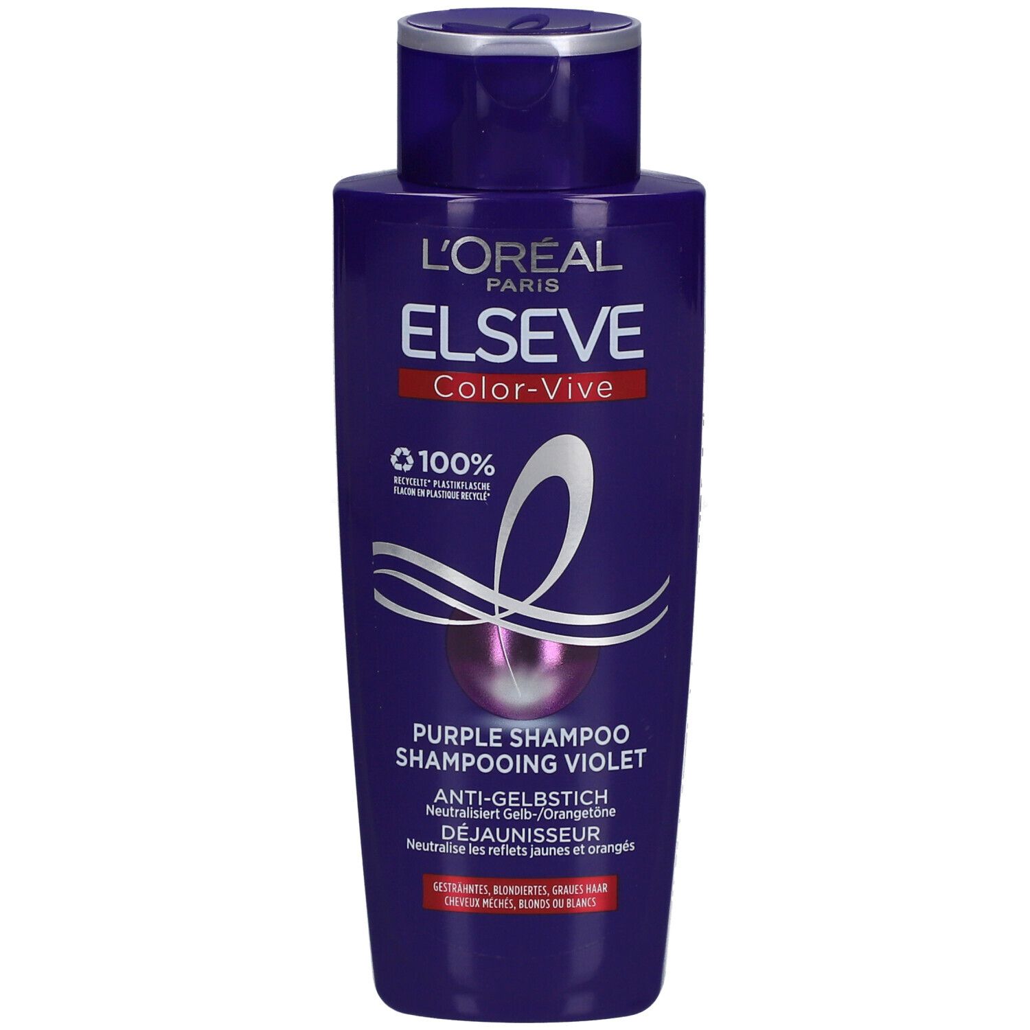 Shampooing violet L'Oréal Paris Elseve Color-Vive. Flacon violet avec logo et nom du produit. Anti-jaunissement.