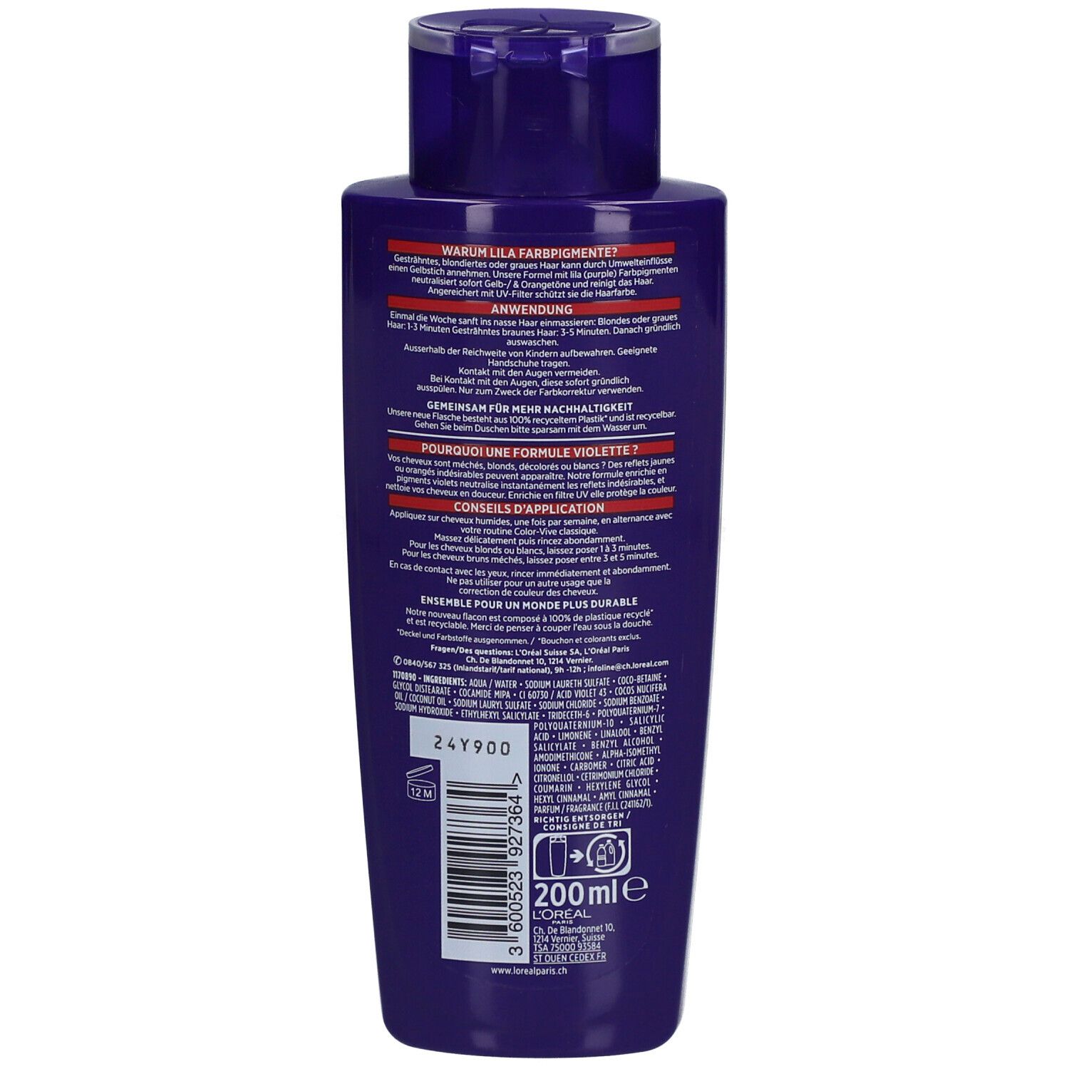 Dos du flacon de shampooing L'Oréal Paris Elseve Color-Vive. Texte, ingrédients et indication de volume.
