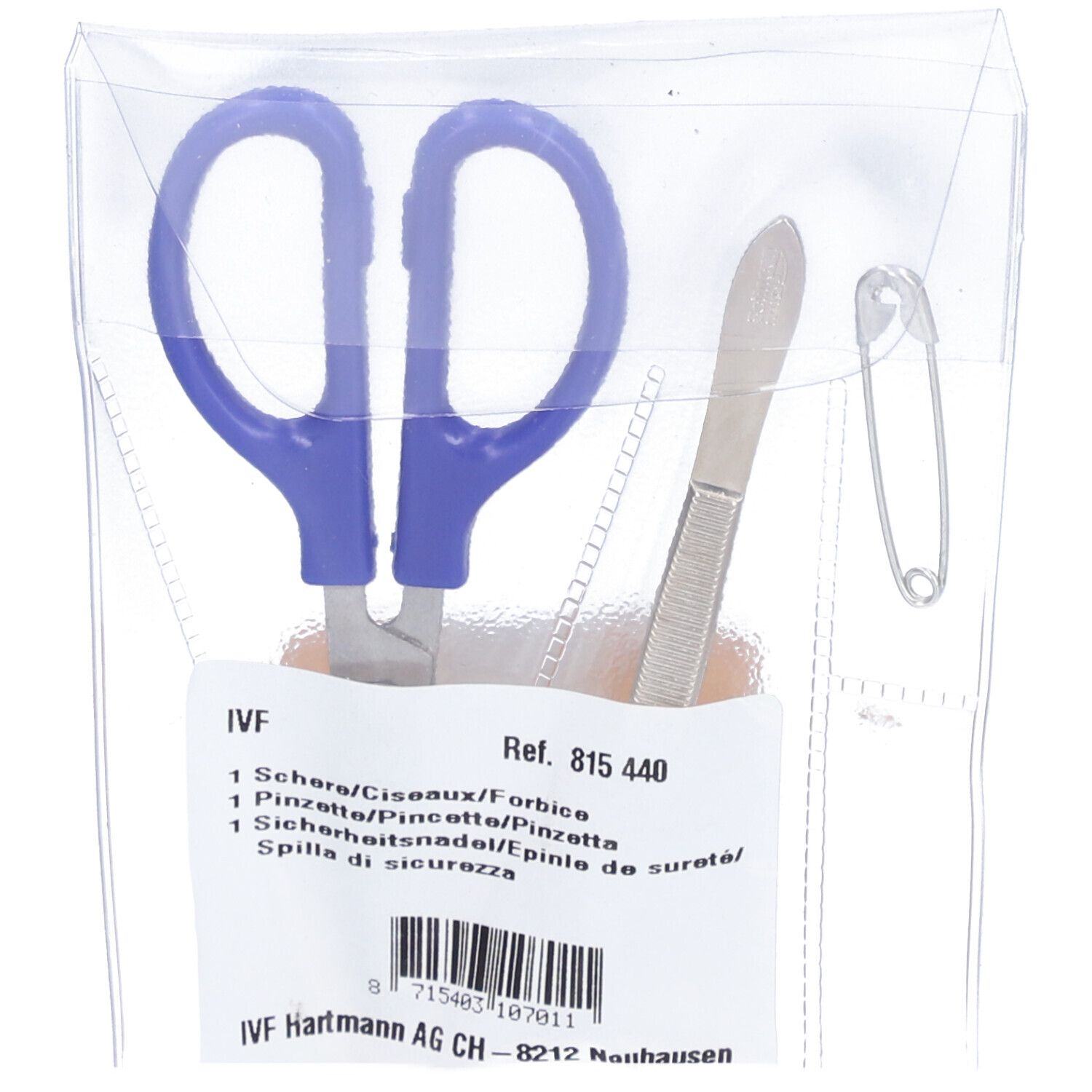Set in transparenter Verpackung. Enthält Schere, Pinzette, Sicherheitsnadel und Skalpell. Blaue Scheren-Griffe. Produktinformationen auf Etikett.