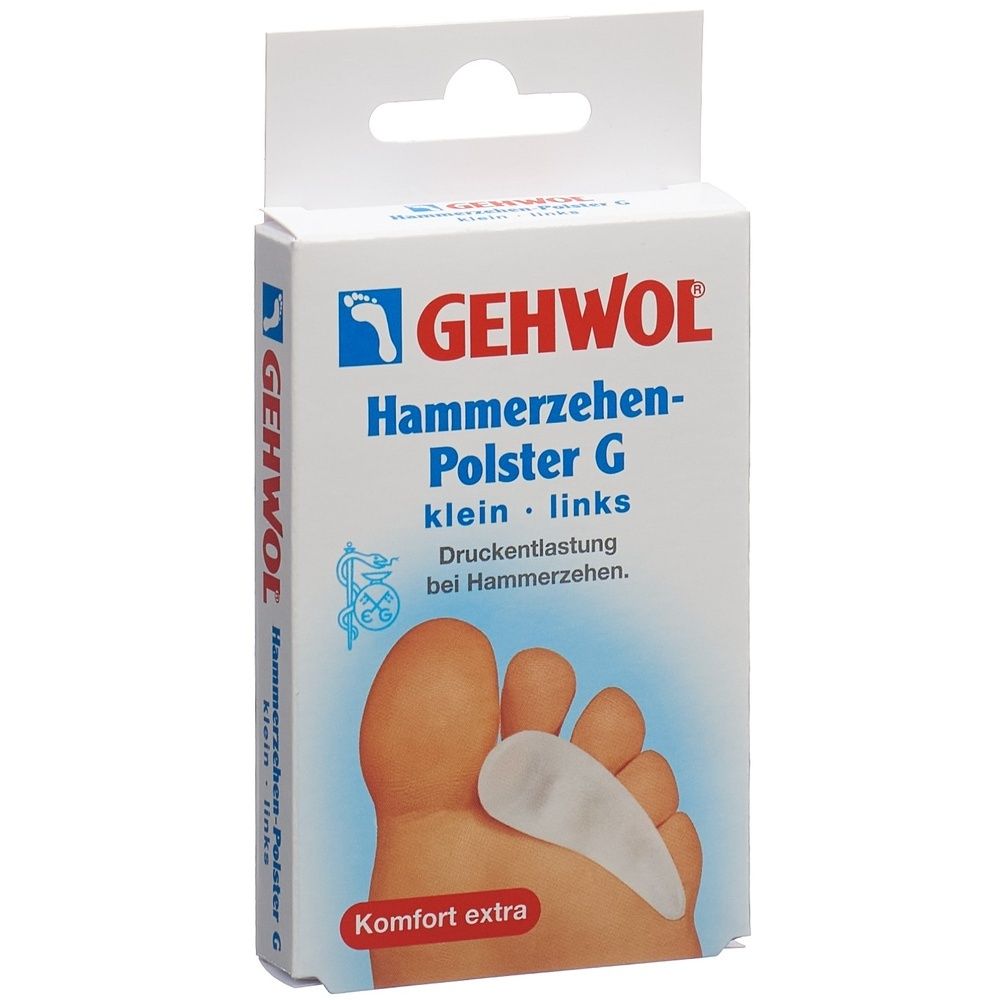 Emballage de GEHWOL Hammerzehenkissen G small. Boîte blanche avec image du produit et texte. Confort extra.