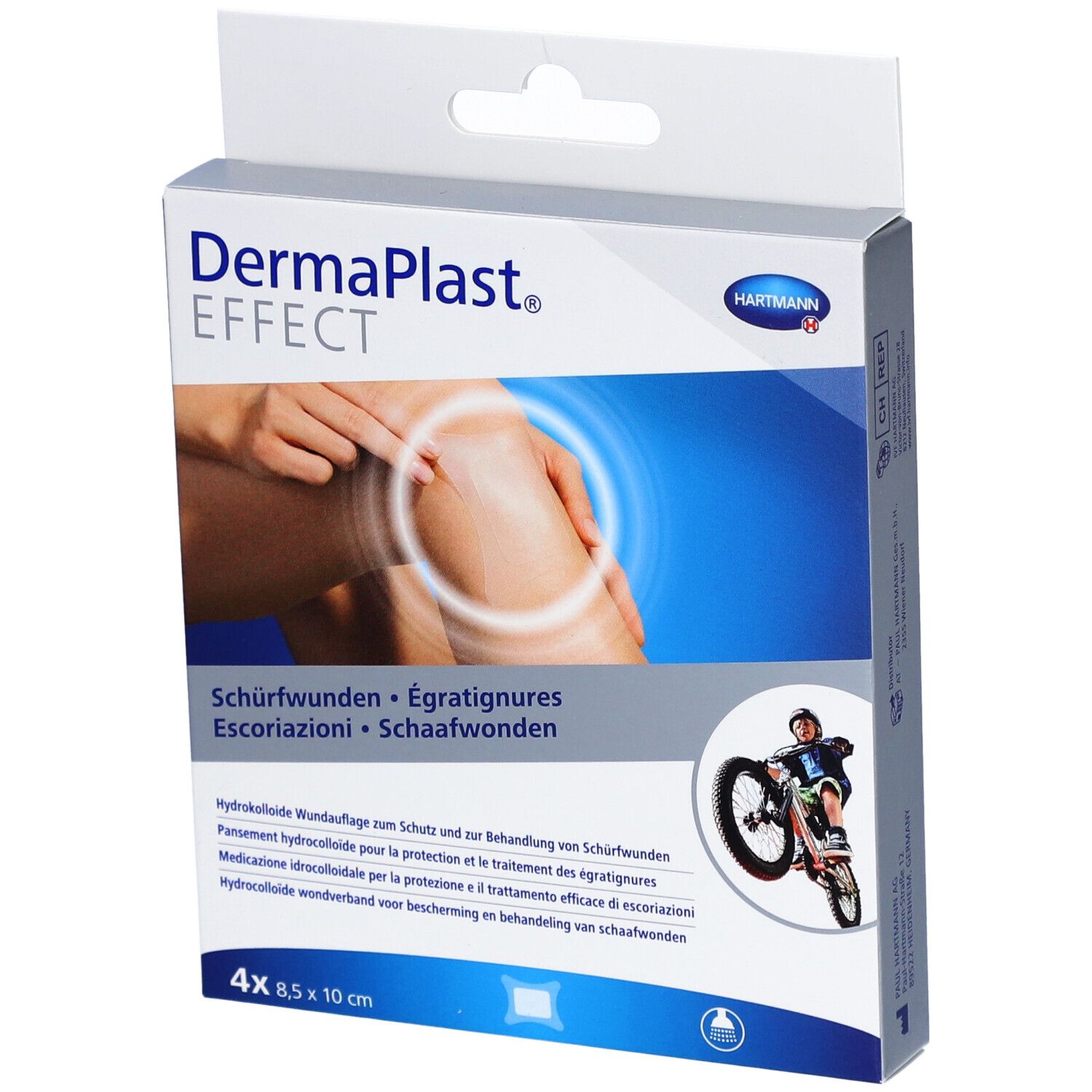 Verpackung von DermaPlast® Effect Schürfwundenpflaster. Zeigt ein Knie mit Schürfwunde und einen Radfahrer. Enthält 4 Pflaster, 8,5 x 10 cm.