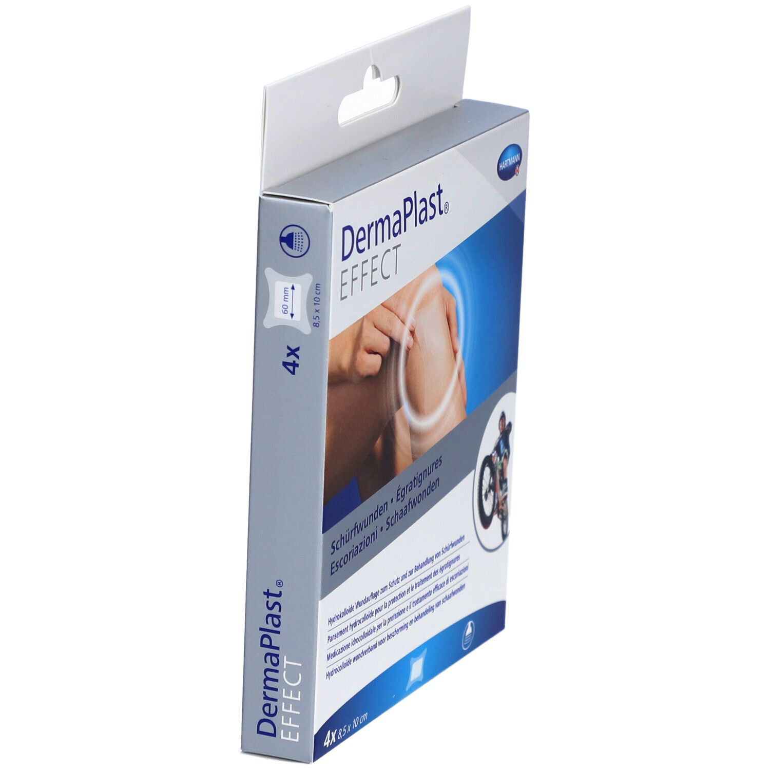 Seitenansicht der DermaPlast® Effect Verpackung. Zeigt das Produktetikett mit Größenangabe. Enthält 4 Pflaster, 8,5 x 10 cm.