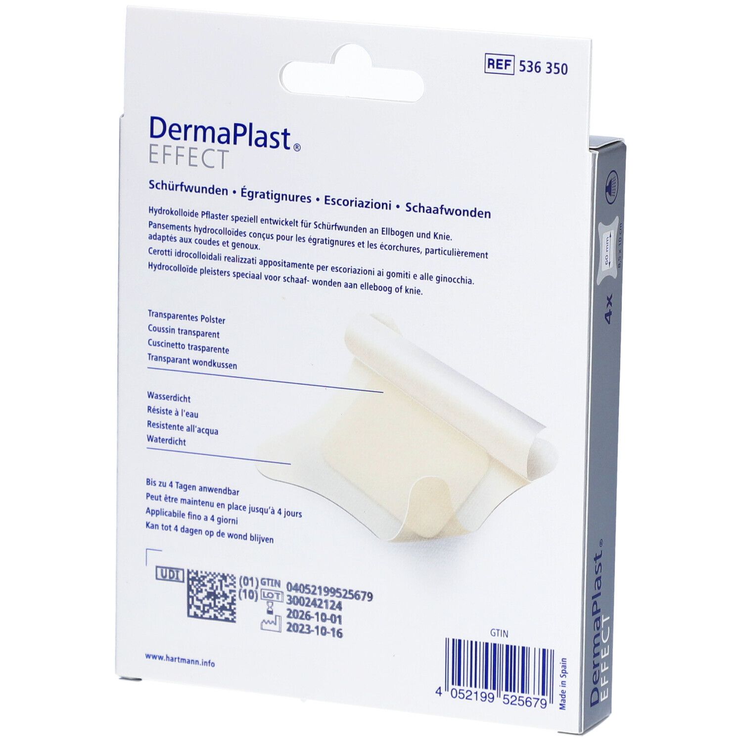Rückseite der DermaPlast® Effect Verpackung. Zeigt transparente Pflaster. Enthält Informationen zu Anwendung und Inhaltsstoffen.