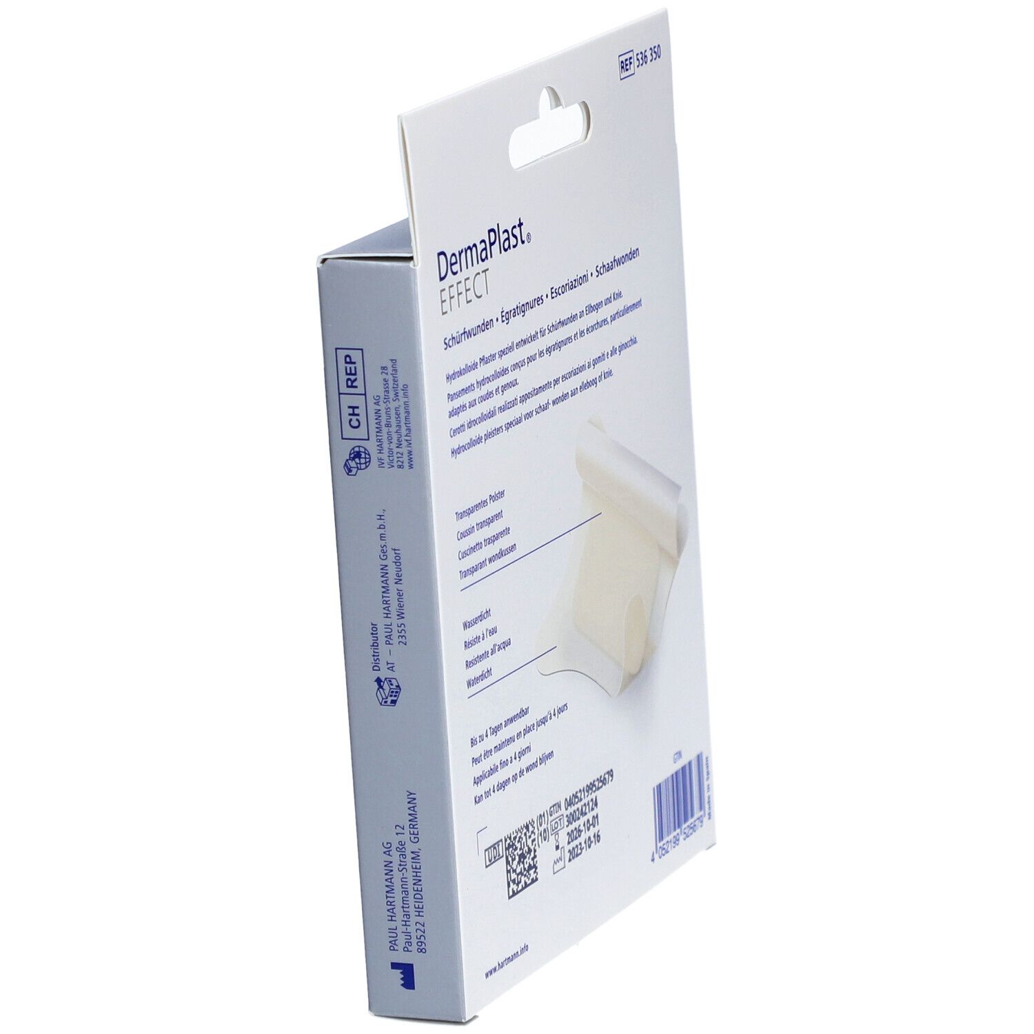 Seitenansicht der DermaPlast® Effect Verpackung. Zeigt Informationen zu Anwendung und Inhaltsstoffen. Enthält 4 Pflaster.
