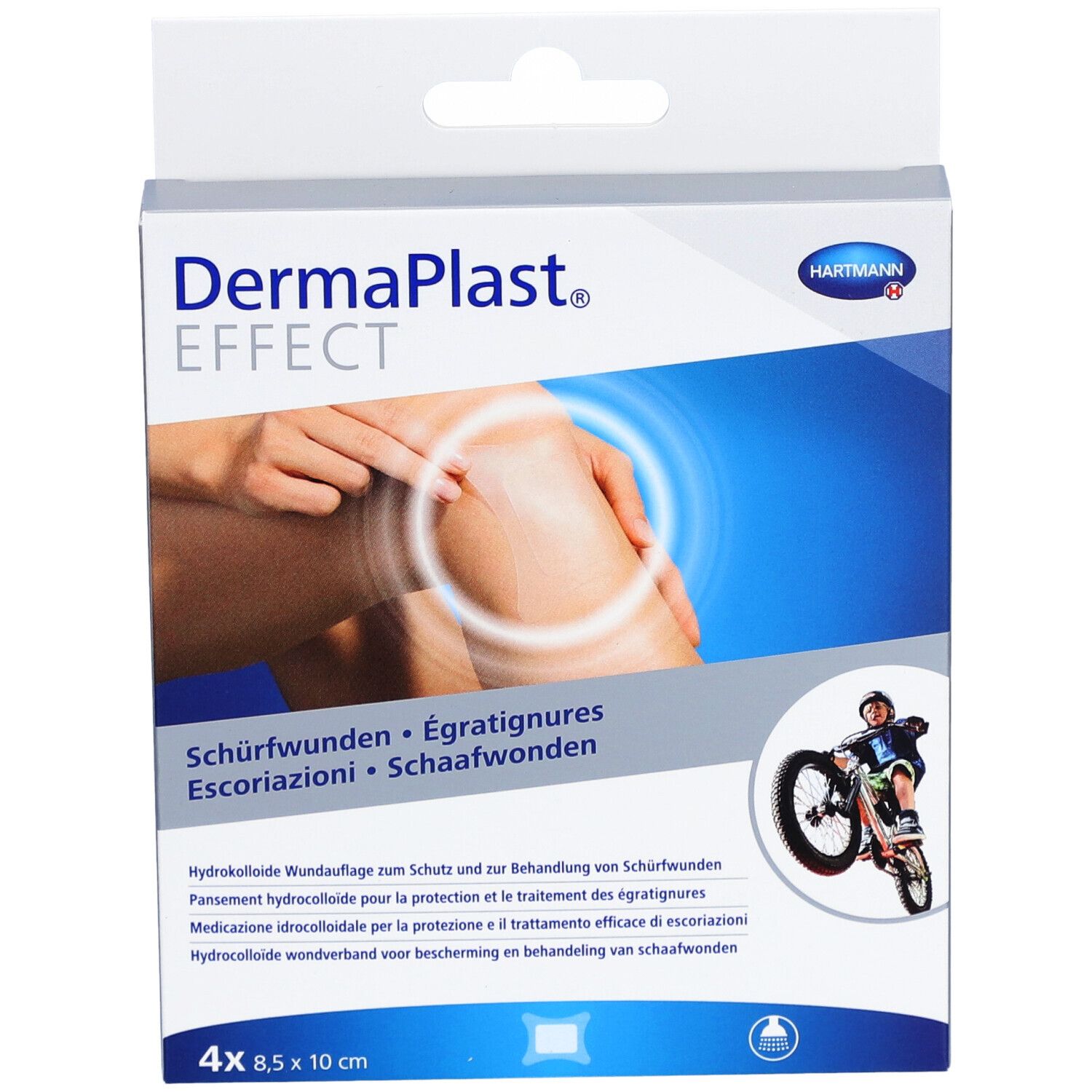 Verpackung von DermaPlast® Effect Schürfwundenpflaster. Zeigt ein Knie mit Schürfwunde und einen Radfahrer. Enthält 4 Pflaster, 8,5 x 10 cm.