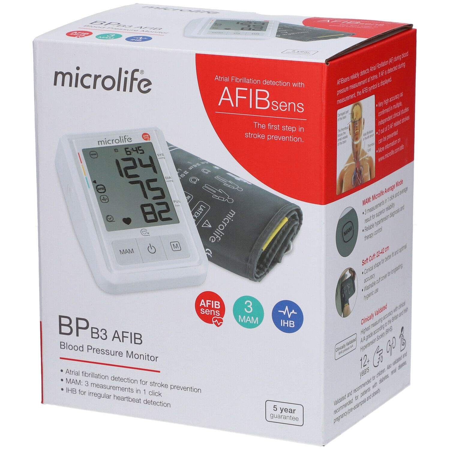 Verpackung des Microlife BP B3 AFIB Blutdruckmessgeräts. Gerät und Manschette abgebildet. Text: AFIBsens, MAM, IHB.