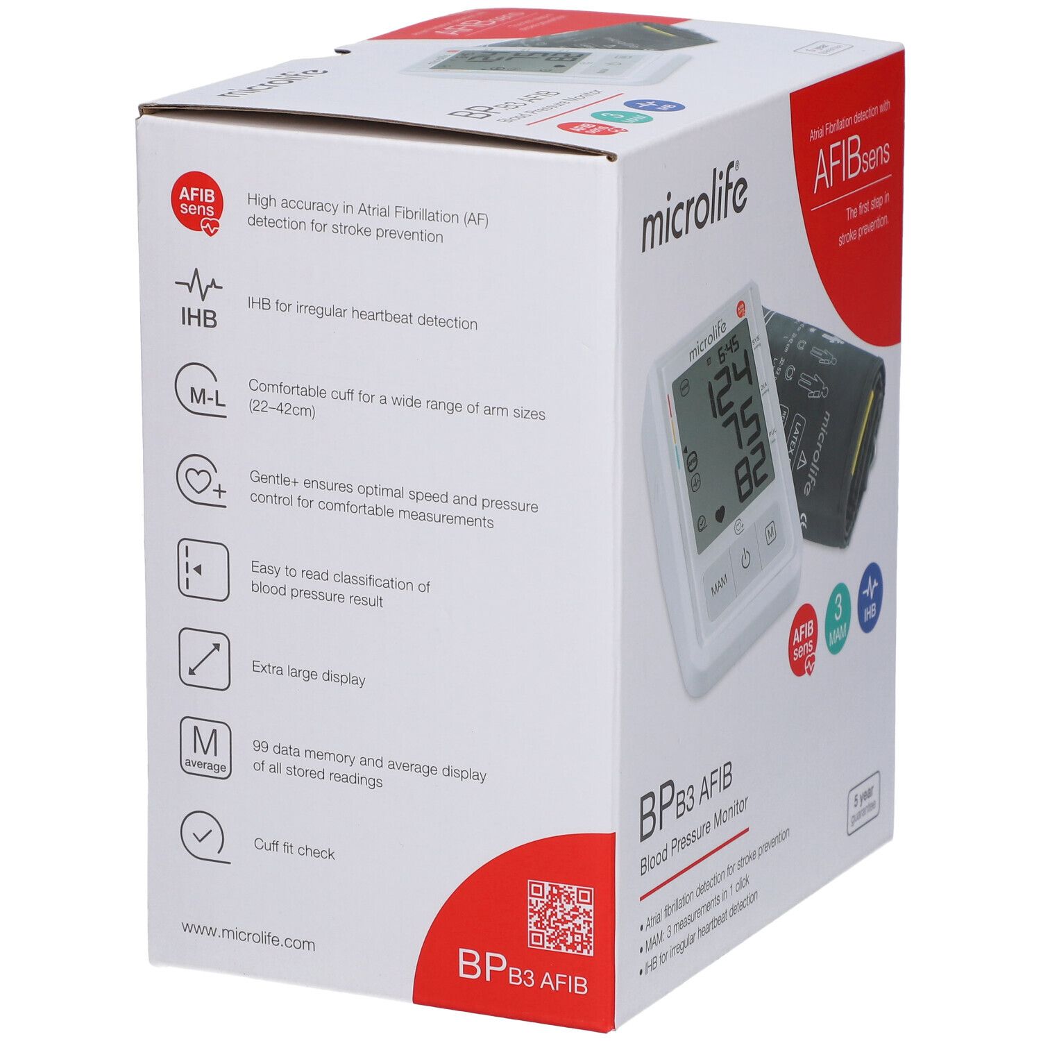 Verpackung des Microlife BP B3 AFIB Blutdruckmessgeräts. Produktmerkmale und QR-Code abgebildet. Text: AFIBsens, IHB, MAM.