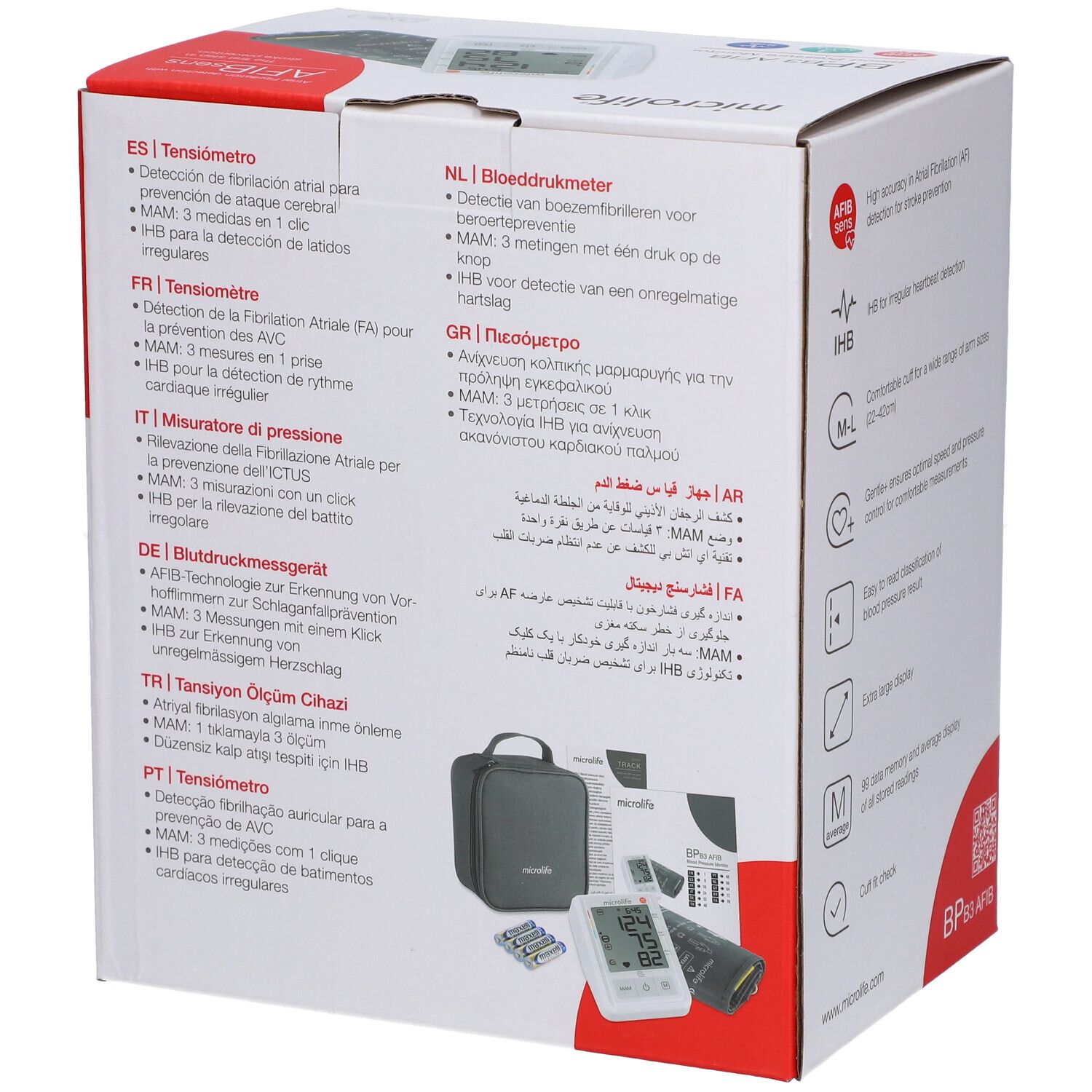 Rückseite der Verpackung des Microlife BP B3 AFIB. Mehrsprachige Produktinformationen. Zubehör abgebildet.